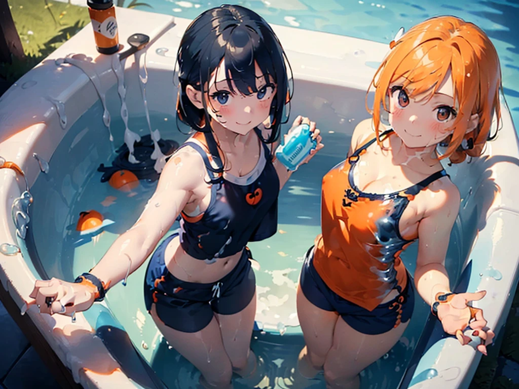 (masterpiece:1.8),top-quality,Highest Definition,(Top resolution:1.3),Top image quality,(8K:1.3),(sharpnes:1.5),Fine eyes,Fine hair,(A hyper-realistic:1.5),swim wears(Depicted in detail、Orange Camisole(Navy blue piping:1.3)、Dark blue shorts(White Piping:1.2)、Drenched in clear slimy lotion:1.6),2girls(17 age、cute smile face、feel attractive、embracing each other),soaking wet in the bathroom(Large bathtub,clear slimy lotion),