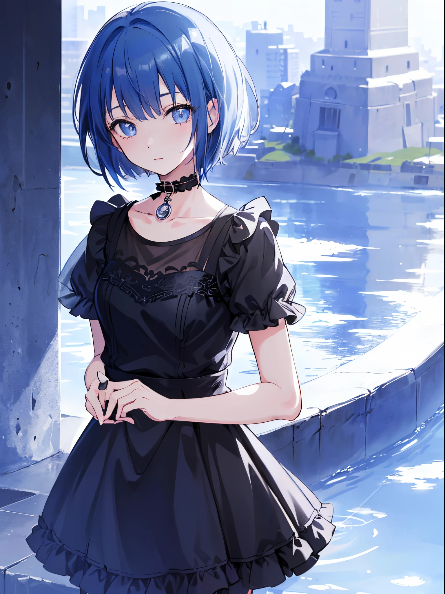 (8K, Best quality at best, tmasterpiece:1.2),\(Eyes detailed\),\(facial feature\),(\(clothes details details body lesbian,(surface focus) ,Very detailed CG unified 8k wallpaper,hugefilesize,ultra - detailed,A high resolution,Dramatic shadows,dramatic angles,hyper-detailing,(1 girl:1.3),(Alone),ar old,change,Haruka Kiritani,Blue hair,Short hair details,(Sister head:1.32),shinning eyes,(Cute loli:1.35),loli face,Littl,(There is no feeling:1.25),goth style,Lolita ruffled dress.deep blues, (Heavy monochrome:1.16),(depth of fields:1.4),(Beautiful lines:1.2)