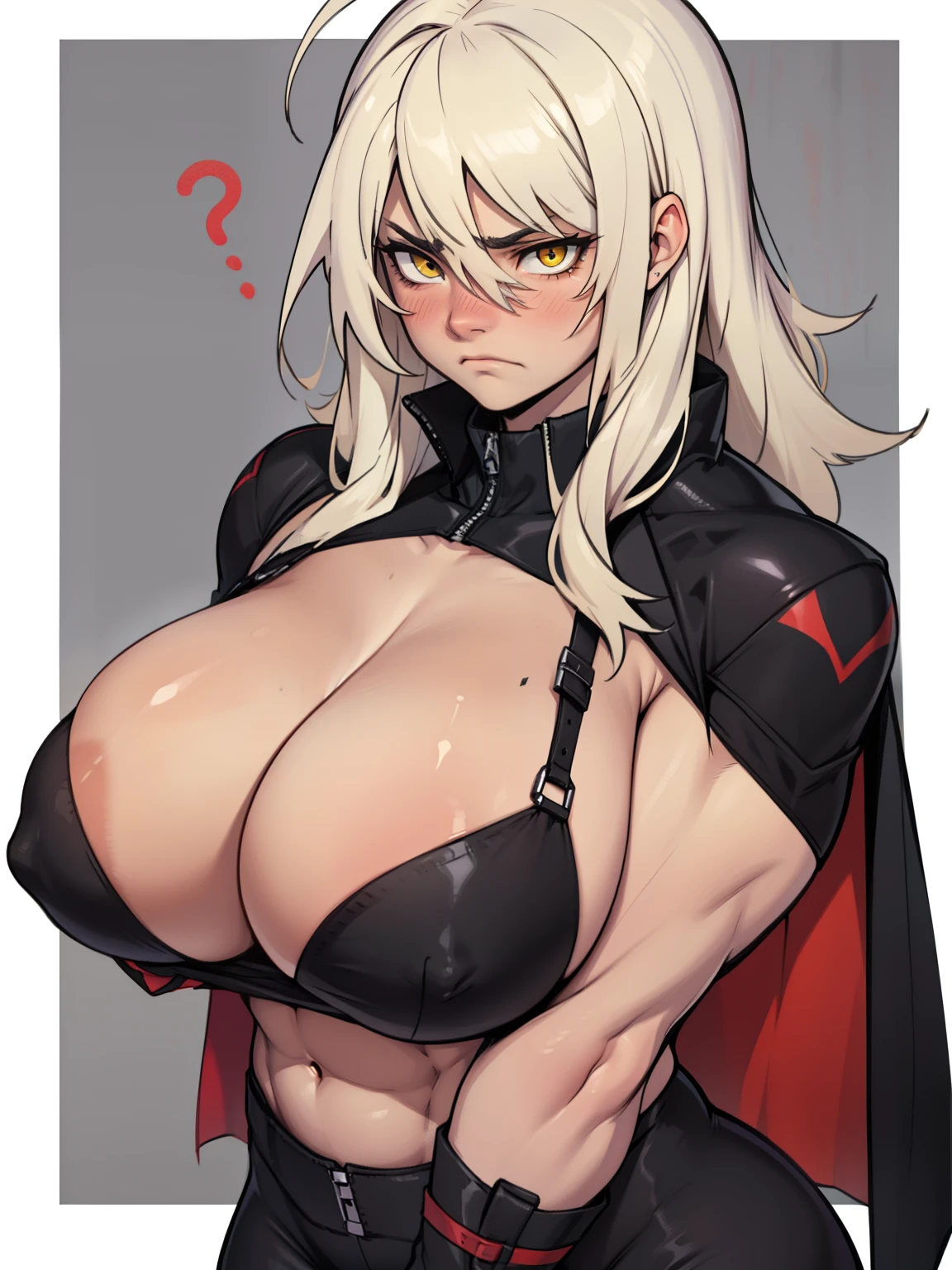 girl muscles huge breasts pale skin black long hair yellow eyes sad blushing solo frown