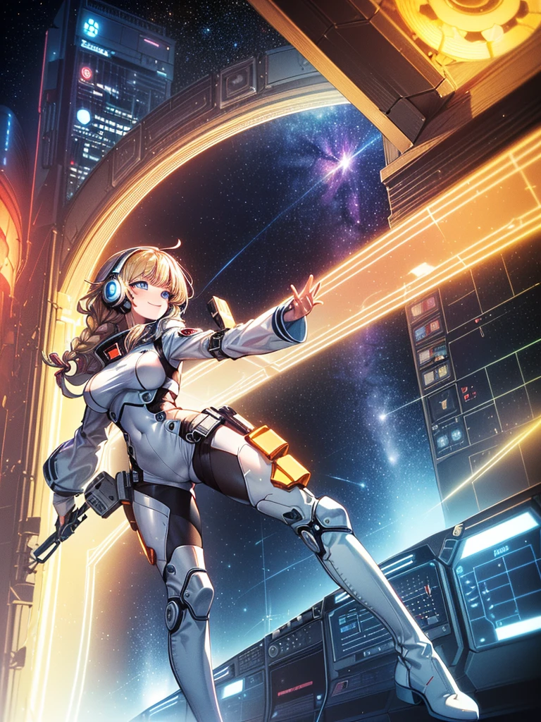 masterpiece:1.4, 1girl in ((20yr old, Wearing a tight, futuristic metallic white bodysuit,long boots, huge-breasted, blonde hair, Long,Braided hair,Margaret's hairstyle, Perfect model body, Blue eyes:1.4, Wearing headphones, Flirting, Happy, Looking out the window of the futuristic sci-fi space station、While admiring the beautiful galaxy:1.2, SFSF control room on night background:1.1, Neon and energetic atmosphere:1.2)) ((Galaxy)) ((Solo:1.6))
