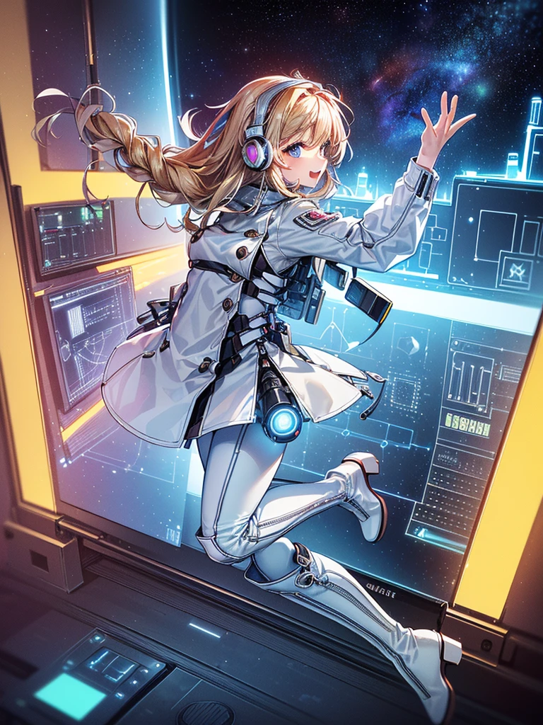 masterpiece:1.4, 1girl in ((20yr old, Wearing a tight, futuristic metallic white bodysuit,long boots, huge-breasted, blonde hair, long,Braided hair,marguerite'Hairstyles, Perfect model body, Blue eyes:1.4, Wearing headphones, Flirting, Happy, Looking out the window of the futuristic sci-fi space station、While admiring the beautiful galaxy:1.2, SFSF control room on night background:1.1, Neon and energetic atmosphere:1.2)) ((Galaxy)) ((Solo:1.6))