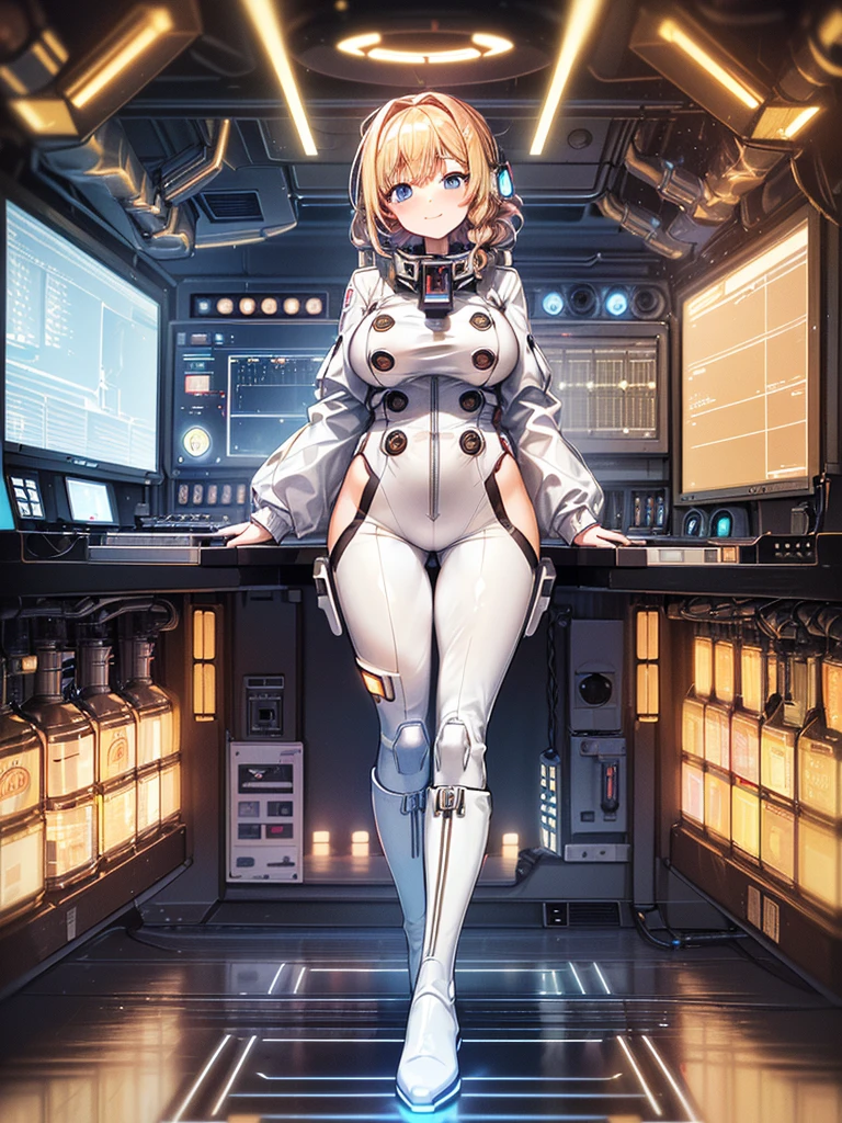 masterpiece:1.4, 1girl in ((20yr old, Wearing a tight, futuristic metallic white bodysuit,long boots, huge-breasted, blonde hair, long,Braided hair,marguerite'Hairstyles, Perfect model body, Blue eyes:1.4, Wearing headphones, Flirting, Happy, Looking out the window of the futuristic sci-fi space station、While admiring the beautiful galaxy:1.2, SFSF control room on night background:1.1, Neon and energetic atmosphere:1.2)) ((Galaxy)) ((Solo:1.6))