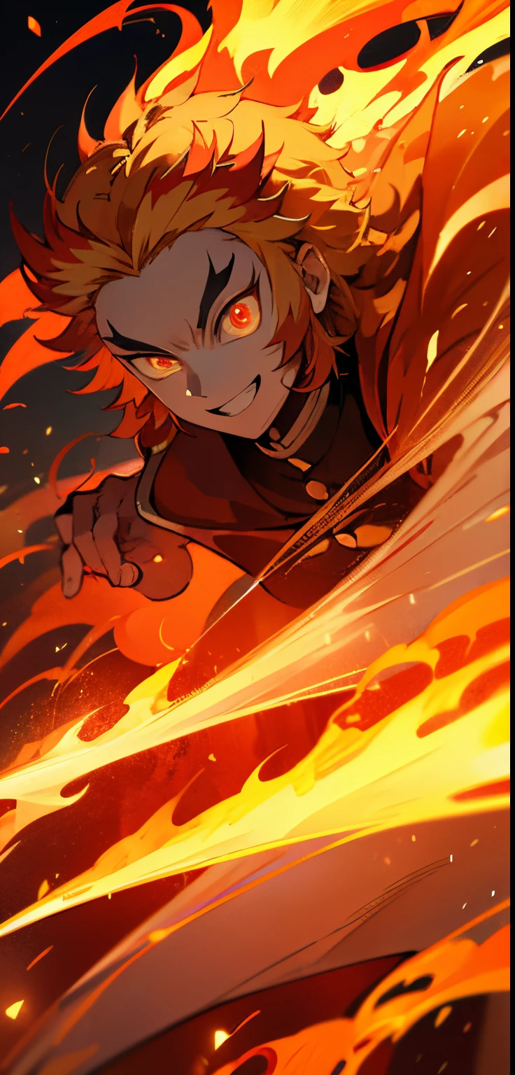 rengoku kyoujurou, 1 man, leaning towards viewer, facing viewer, battle stance, flames, wind, glowing light, beautiful lighting, smiling, determined expression