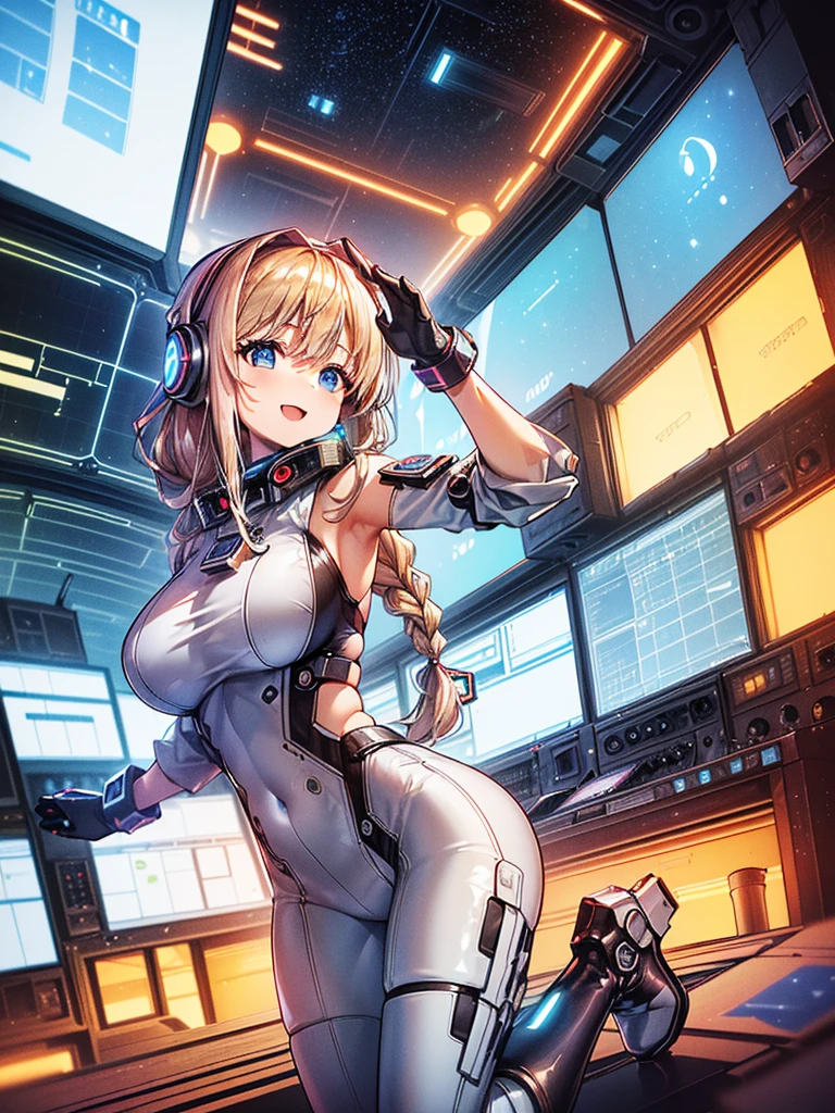 ​masterpiece:1.4, 1girl in ((20yr old, Wearing a tight, futuristic metallic white bodysuit,long boots, huge-breasted, blonde  hair, long,Braided hair,marguerite&#39;Hairstyles, Perfect model body, Blue eyes:1.4, Wearing headphones, Flirting, Happy,  Looking out the window of the futuristic sci-fi space station、While admiring the beautiful galaxy:1.2, SFSF control room on night background:1.1, Neon and energetic atmosphere:1.2)) ((Galaxy)) ((Solo:1.6))