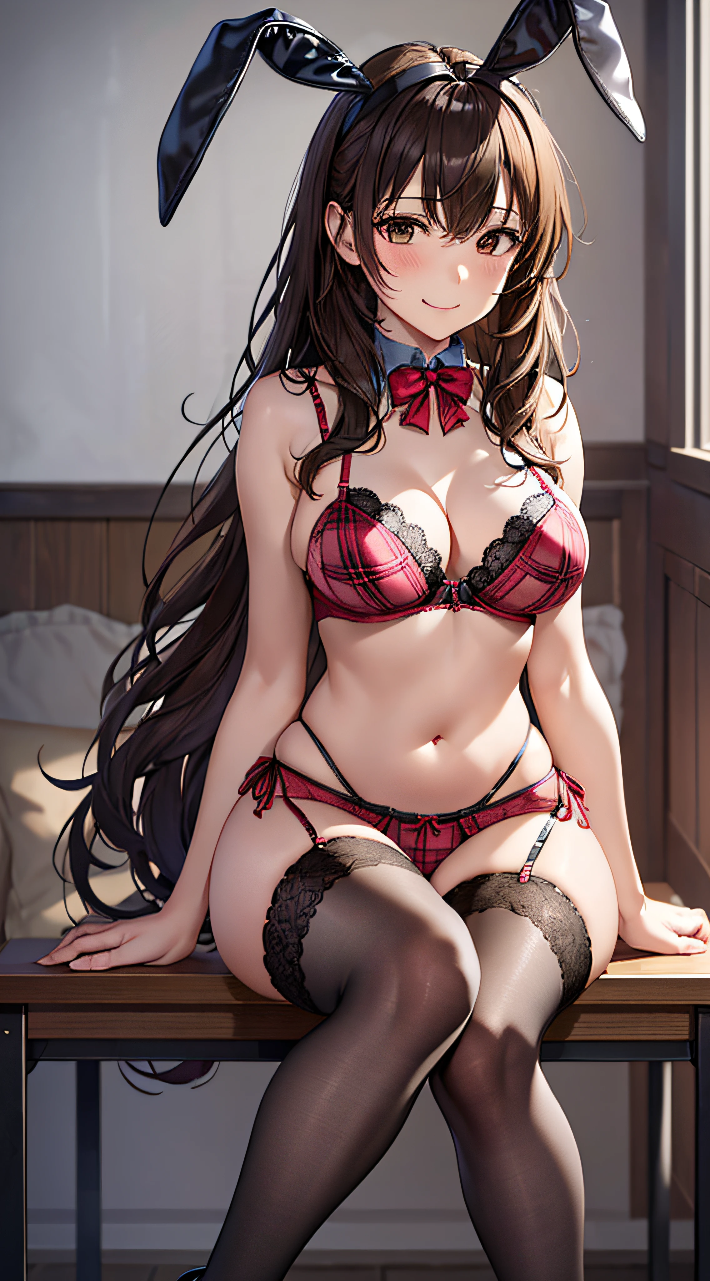 ((masutepiece, Best Quality, hight resolution, nffsw, Perfect Pixel, 4K, nffsw, nffsw))), 1girl in, Single, Solo, Beautie、full body seen、 ((Middle Wave Hair, Bangs, Brown hair)), ((Brown-eyed, Beautiful eyelashes, Realistic eyes)), ((Detailed face, Blushing:1.2)), ((Smooth texture:0.75, Realistic texture:0.65, Photorealistic:1.1, Anime CG style)), medium breasts, Dynamic Angle, Perfect body, ((black bunny ears、Red Sexy Bra、、plaid skirts、garter stocking、high-heels、Kamimei、See-through nipples)), Classrooms without people、Sit on a desk、、、early evening、、、Very embarrassing panic smile、soft boob、(、、Open both legs、Pink lace panties)、
