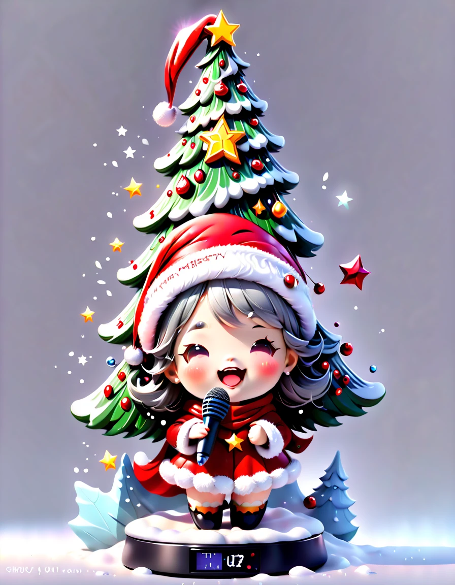 chalk gray style, ((Personification,1 glowing magical cute Christmas tree wearing a Santa hat and scarf)),((Singing with a microphone)), (((Many syllable symbols are floating in the air))),Christmas elements,Snowy days,8K,Irridescent color, kawaii, cute big breasts, number art, high qulity, The is very detailed, 3Drenderingof,vivd colour,Minimalist style,Disney style,translucent