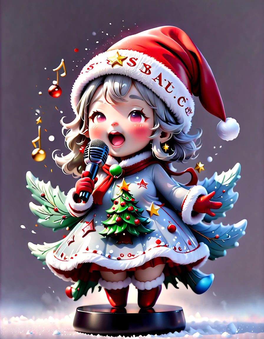 chalk gray style, ((Personification，1 glowing magical cute Christmas tree wearing a Santa hat and scarf))，((Singing with a microphone)), (((Many syllable symbols are floating in the air)))，Christmas elements，Snowy days，8K,Irridescent color, kawaii, cute big breasts, number art, high qulity, The is very detailed, 3Drenderingof，vivd colour，Minimalist style，Disney  style，translucent