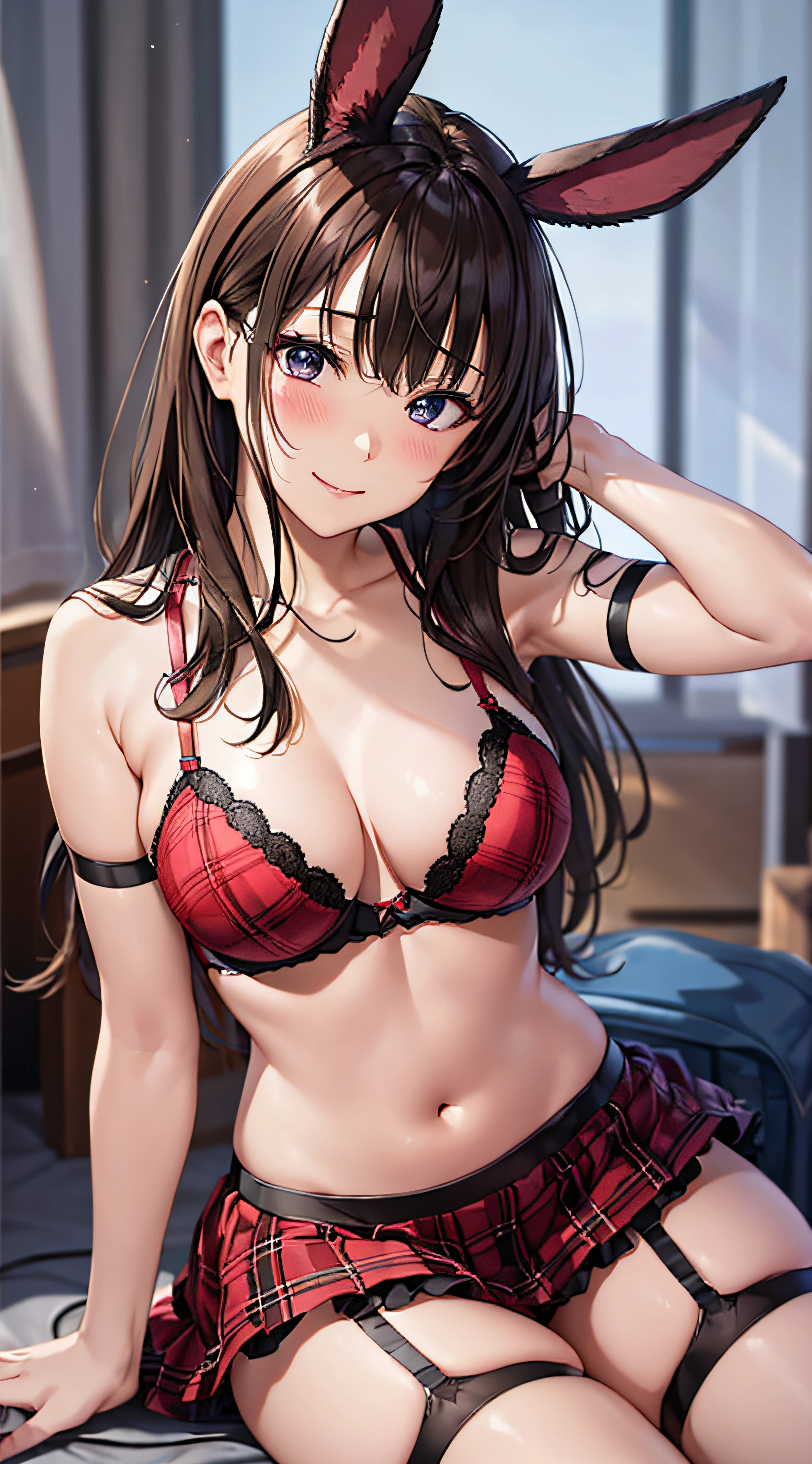 ((masutepiece, Best Quality, hight resolution, nffsw, Perfect Pixel, 4K, nffsw, nffsw))), 1girl in, Single, Solo, Beautie、full body seen、 ((Middle Wave Hair, Bangs, Brown hair)), ((Brown-eyed, Beautiful eyelashes, Realistic eyes)), ((Detailed face, Blushing:1.2)), ((Smooth texture:0.75, Realistic texture:0.65, Photorealistic:1.1, Anime CG style)), medium breasts, Dynamic Angle, Perfect body, ((black bunny ears、Red Sexy Bra、、high school girl plaid skirt、garter stocking、high-heels、Kamimei、See-through nipples)), Classrooms without people、Sit on a desk、、、early evening、、、Very embarrassing panic smile、soft boob、(、、Open both legs、Pink lace panties)、