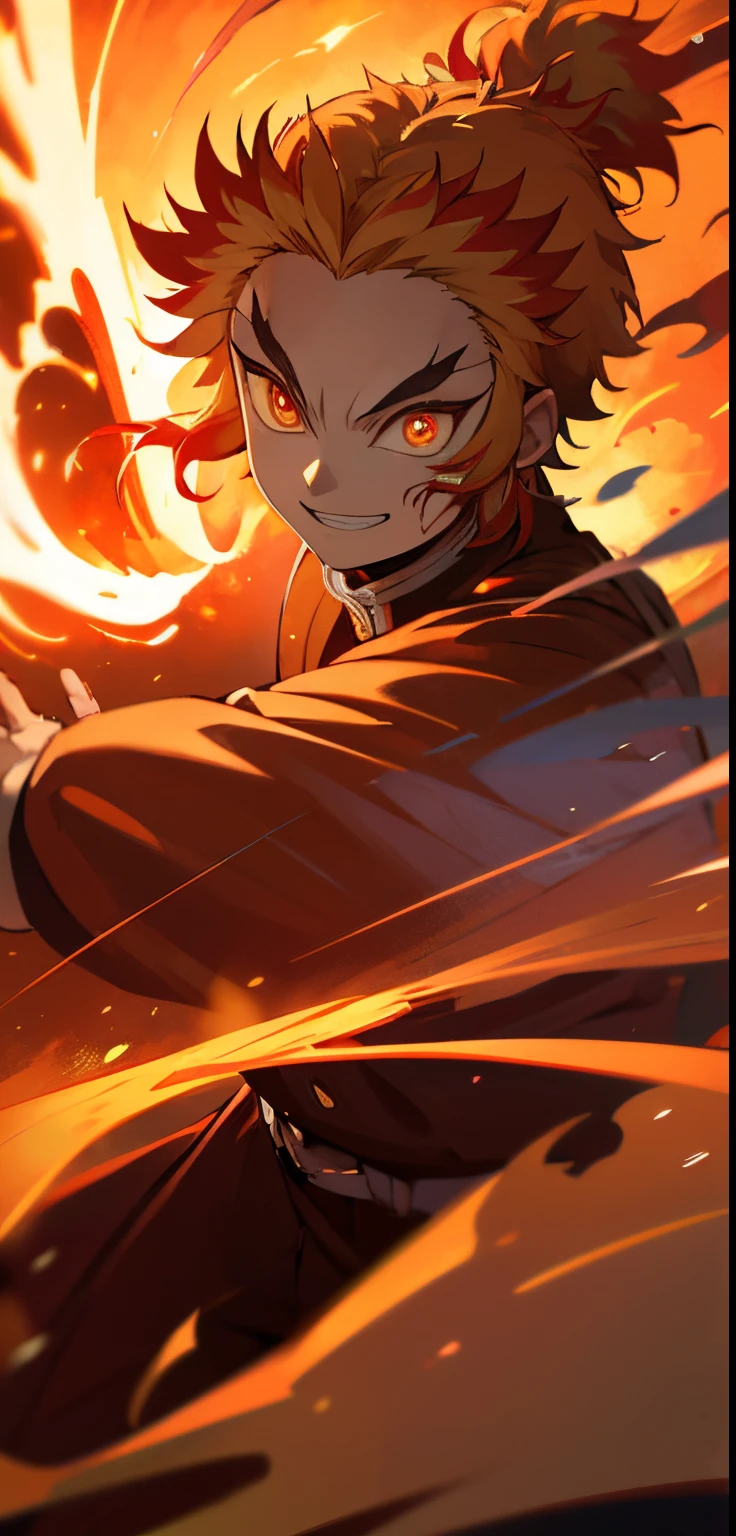 rengoku kyoujurou, 1 man, leaning towards viewer, facing viewer, battle stance, flames, wind, glowing light, beautiful lighting, smiling, determined expression