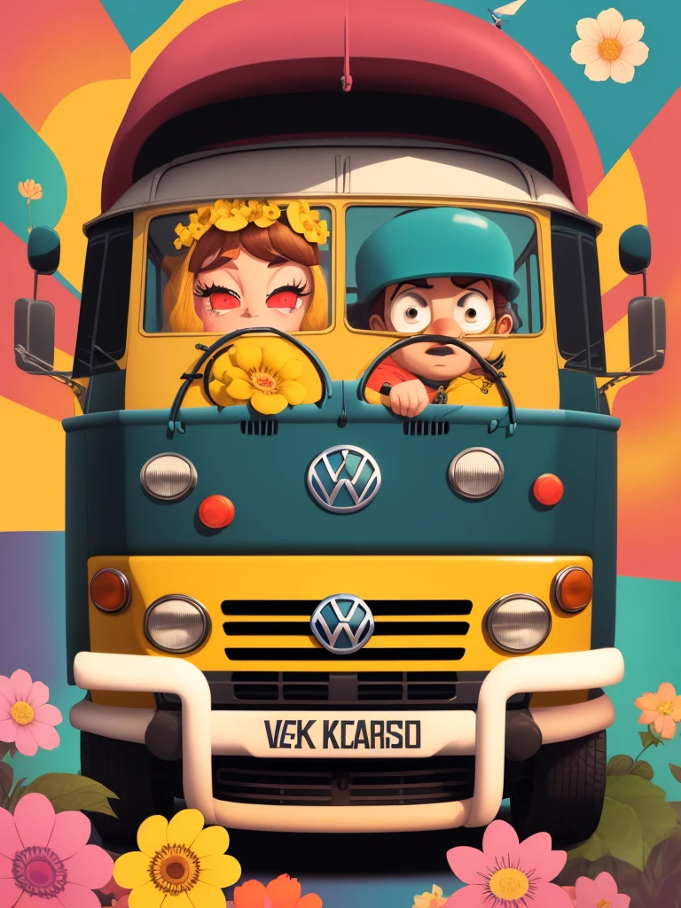 "Create a vibrant and humorous 60s cartoon style poster featuring a Volkswagen Kleinbus adorned with flower icons and hippie elements. isometric vision. Enfatize contornos ousados e use cores vivas para um efeito atraente."
