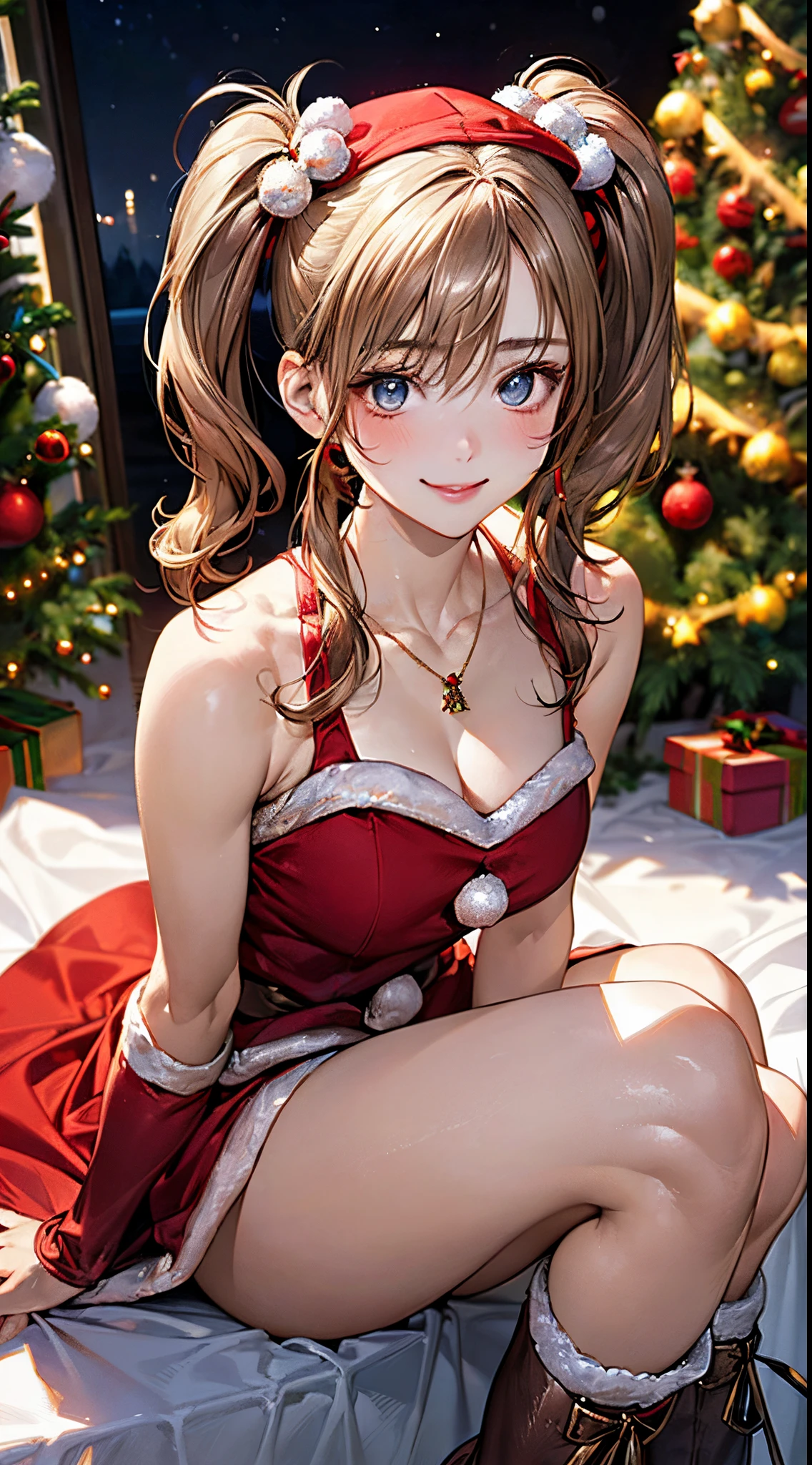 (masterpiece:1.2, top-quality), (realistic, photorealistic:1.4), beautiful illustration, NSFW, looking at viewer, cowboy shot, front view:0.8,
1 girl, japanese, high school girl, beautiful hair, beautiful face, beautiful detailed eyes, blond hair, (short hair:1.4, twintails:1.7), bangs, hair between eye, blue eyes,
beautiful clavicle, beautiful body, beautiful chest, large breasts:0.8, beautiful thighs, beautiful legs, beautiful fingers, bare thighs, (thick thighs),
(beautiful scenery), christmas night, indoors, bedroom, (christmas tree:1.3),
((wearing santa claus costume, symmetrical clothing, metallic red santa claus hat, metallic red santa claus dress, metallic red santa claus boots, bare shoulders), christmas necklace),
(swollen), ((seductive posture:1.2, attractiveness:1.2)),
(erotic, sexy, upper eyes, smile), shiny skin, sitting,
perfect face, cute and symmetrical face, natural side lighting, movie lighting), depth of fields,