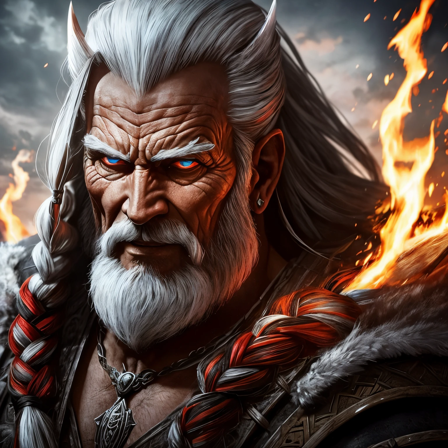 Berserker, Barbarian old man,  Arte de Fantasia, of his gaze alone enemies beginning to panic, one head, devilish smile, besta do inferno, demonio, White Fire Sky, guerreira, com foice e escudo, lindo, old mans, Werelion, Long red braided hair, olhos dourados brilhantes, realista, altamente detalhados, Motor irreal, 8k de luxo
