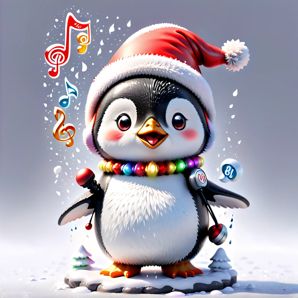 chalk gray style, ((1 glowing magical cute penguin wearing a Santa hat))，((围巾，Singing with a microphone)), (((Many syllable symbols are floating in the air)))，Christmas elements，Snowy days，8K,Irridescent color, kawaii, cute big breasts, number art, high qulity, The is very detailed, 3Drenderingof，vivd colour，Minimalist style，Disney  style，translucent