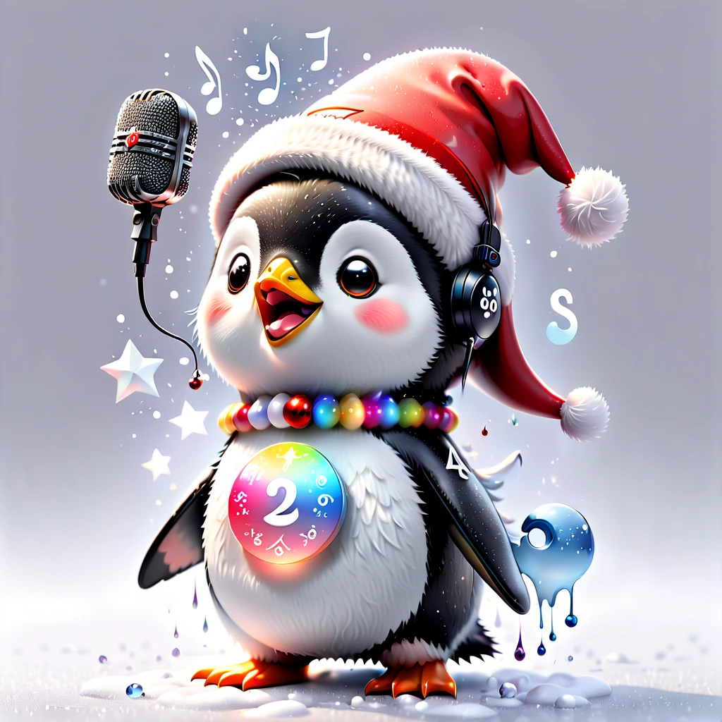 chalk gray style, ((1 glowing magical cute penguin wearing a Santa hat)),((围巾,Singing with a microphone)), (((Many syllable symbols are floating in the air))),Christmas elements,Snowy days,8K,Irridescent color, kawaii, cute big breasts, number art, high qulity, The is very detailed, 3Drenderingof,vivd colour,Minimalist style,Disney style,translucent