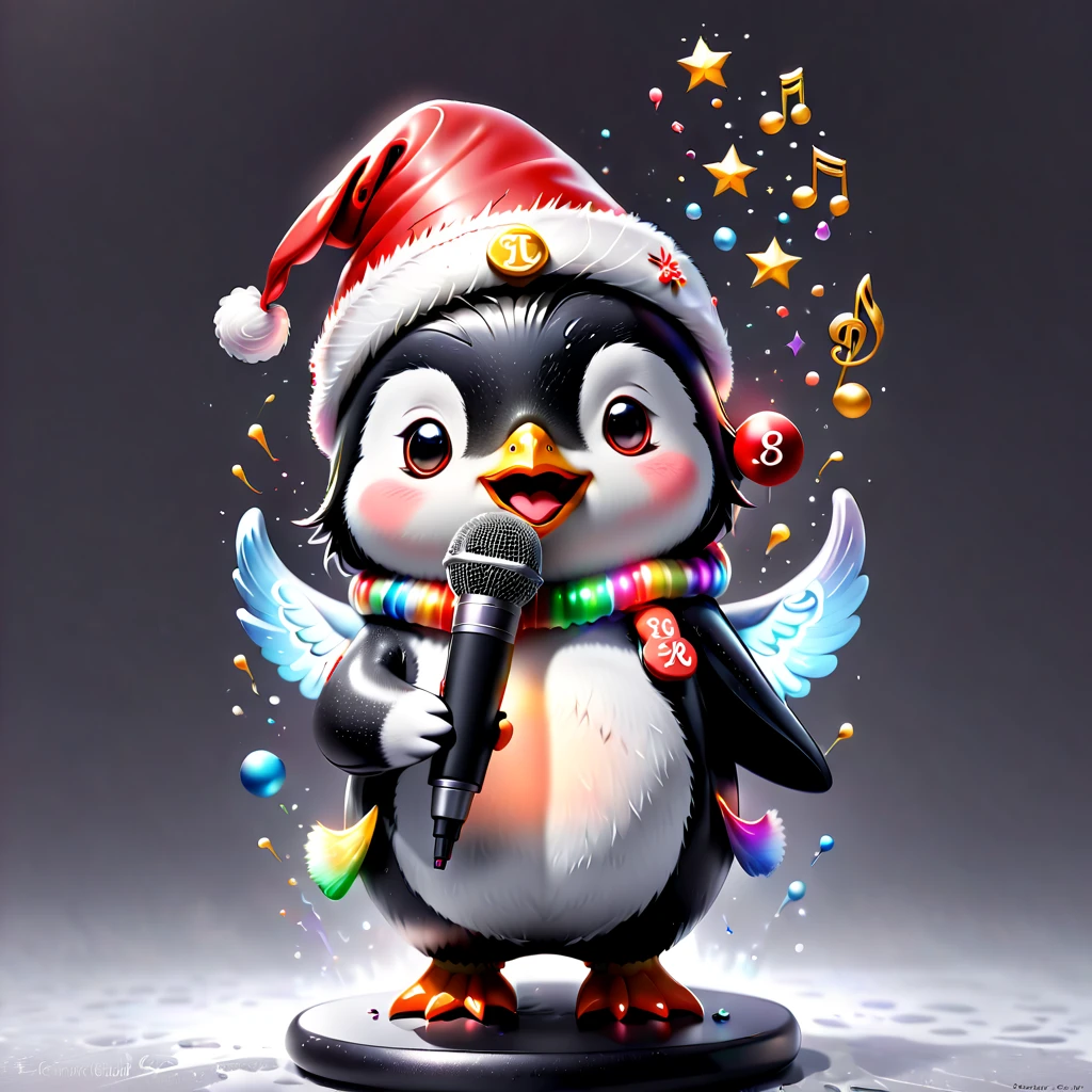 chalk gray style, ((1 glowing magical cute penguin wearing a Santa hat)),((围巾,Singing with a microphone)), (((Many syllable symbols are floating in the air))),Christmas elements,Snowy days,8K,Irridescent color, kawaii, cute big breasts, number art, high qulity, The is very detailed, 3Drenderingof,vivd colour,Minimalist style,Disney style,translucent