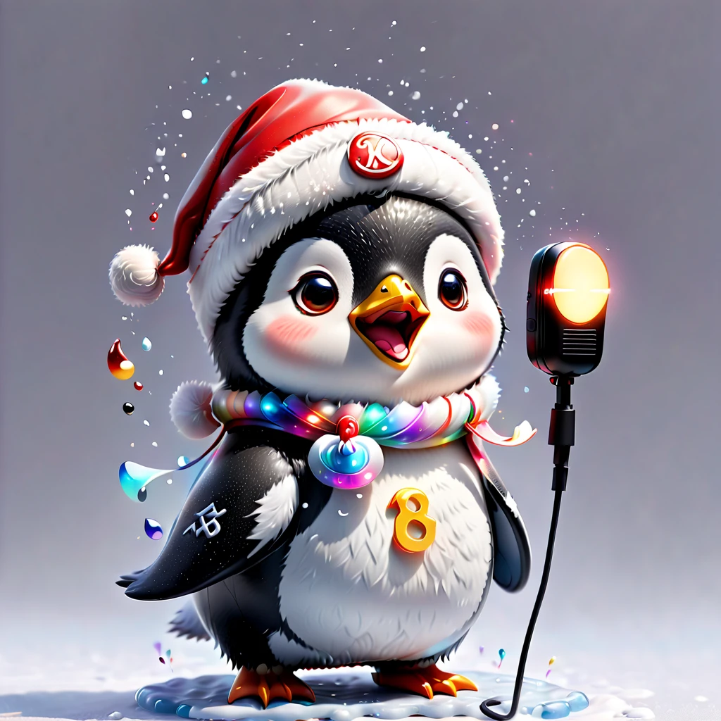 chalk gray style, ((1 glowing magical cute penguin wearing a Santa hat)),((围巾,Singing with a microphone)), (((Many syllable symbols are floating in the air))),Christmas elements,Snowy days,8K,Irridescent color, kawaii, cute big breasts, number art, high qulity, The is very detailed, 3Drenderingof,vivd colour,Minimalist style,Disney style,translucent