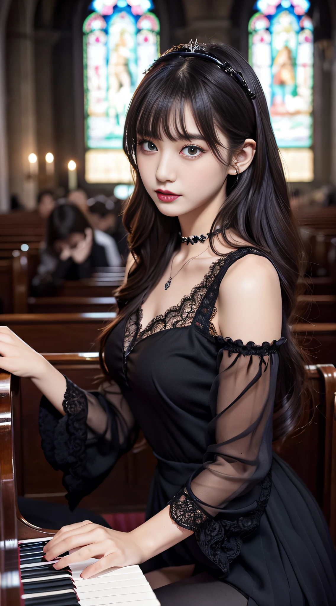 LTRA Details、Fascinating beauty、Dainty woman、Cool Girl、Wavy Hair、Black chiffon dress、Wide sleeves、flered skirt、Black pantyhose、Evil Female Executive、Evil Fall、brainwash、lacy fabric、Glossy legs、black lipstick、Evil look、Suspicious look、Hollow eyes、wicked、Reaching out、Arms up、In the Church、Palm forward、Purple Lipstick、Pendants、playing piano
