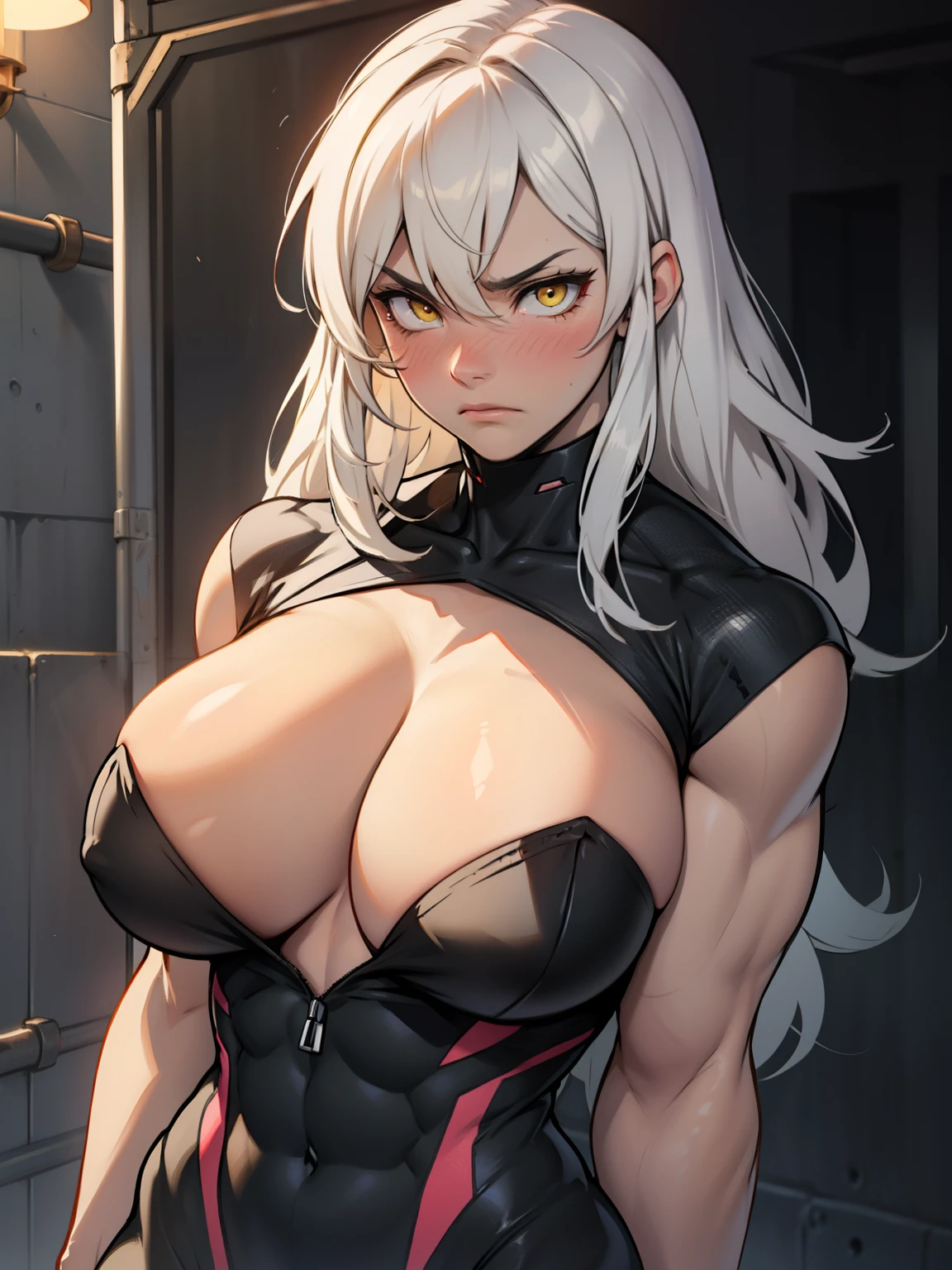 girl muscles  pale skin black long hair yellow eyes sad blushing solo frown