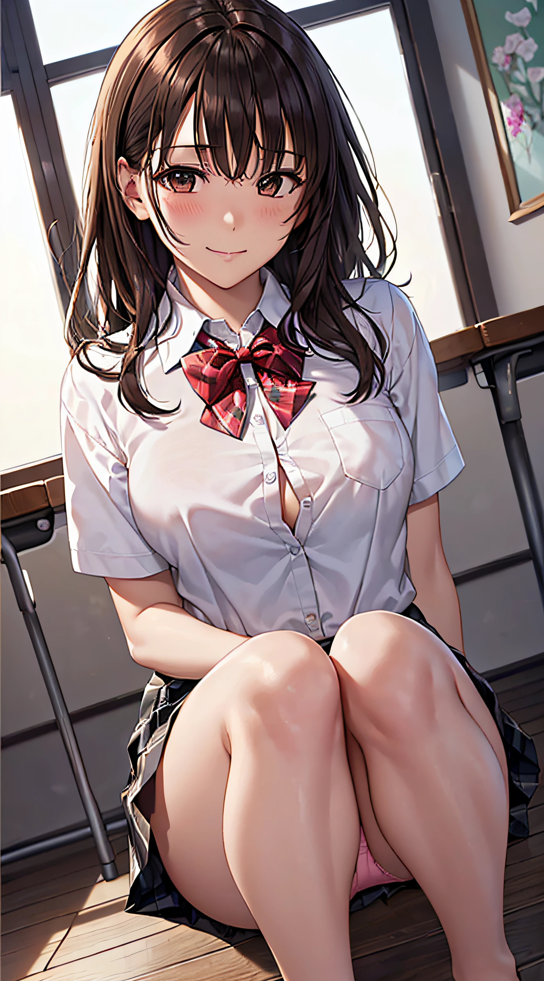 ((masutepiece, Best Quality, hight resolution, nffsw, Perfect Pixel, 4K, nffsw, nffsw))), 1girl in, Single, Solo, Beautie、full body seen、 ((Middle Wave Hair, Bangs, Brown hair)), ((Brown-eyed, Beautiful eyelashes, Realistic eyes)), ((Detailed face, Blushing:1.2)), ((Smooth texture:0.75, Realistic texture:0.65, Photorealistic:1.1, Anime CG style)), medium breasts, Dynamic Angle, Perfect body, ((red bowtie, School uniform, , Unbuttoned white shirt, Black skirt, plaid skirts)), Classroom、early evening、sitting down on the floor、、Very embarrassing panic smile, 、(no-bra、Transverse breasts、Emphasis on the chest、opens legs、Open both knees、Light pink floral lace panties)、