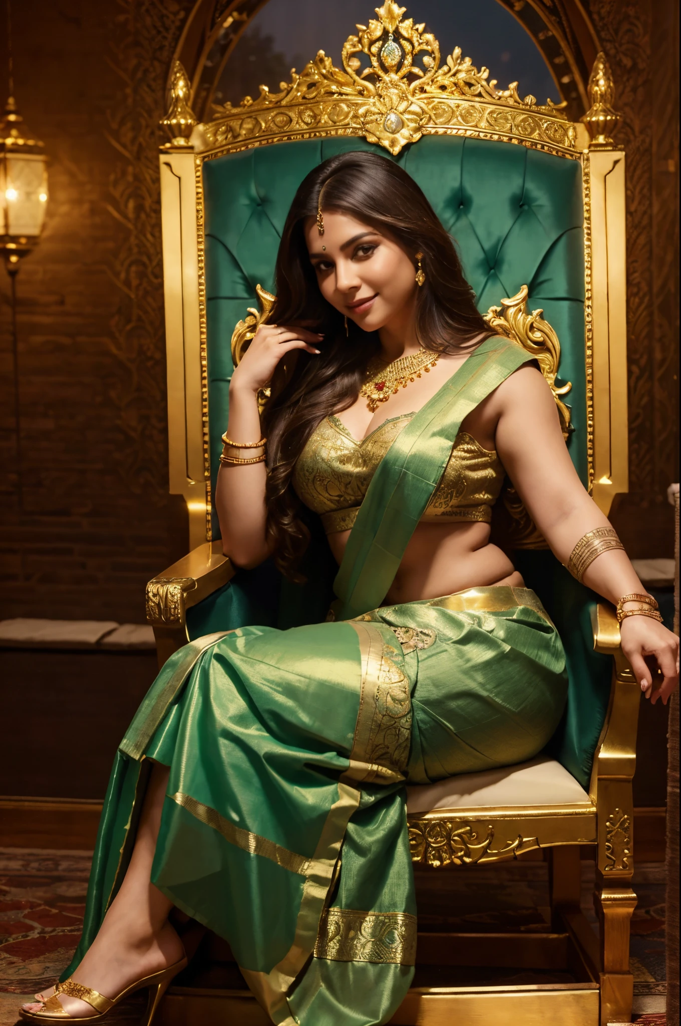 Fantasy setting, bright lights, night scene, sitting on golden throne, royal and elegant posture, romantic and seductive, moonlight, wide angle photo of a indian, 30 yo, vivacious, tattooed, medival indian saree, jewelry, beautiful legs, mature body, thick thighs, realistic body parts, cheeks, curvy, big breasts, Hollywood lips, long hair, look at viewer and smile, pleasant mood, calm color palette, unified 16k wallpaper, ultra realistic, intricate details, masterpiece, (cinematic:1.3), intricate details, (ArtStation:1.2)