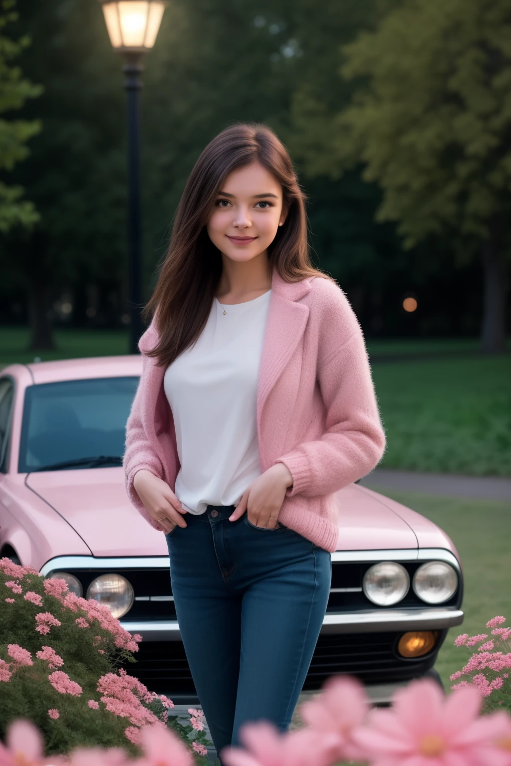 (best quality, masterpiece),1girl, solo, looking at viewer, smile, brown hair, outdoors, brown eyes, lips, night, ground vehicle, portrait, standing in pink flowers park, realistic, car, lamppost , 8k uhd, dslr, soft lighting, high quality, film grain, Fujifilm XT3