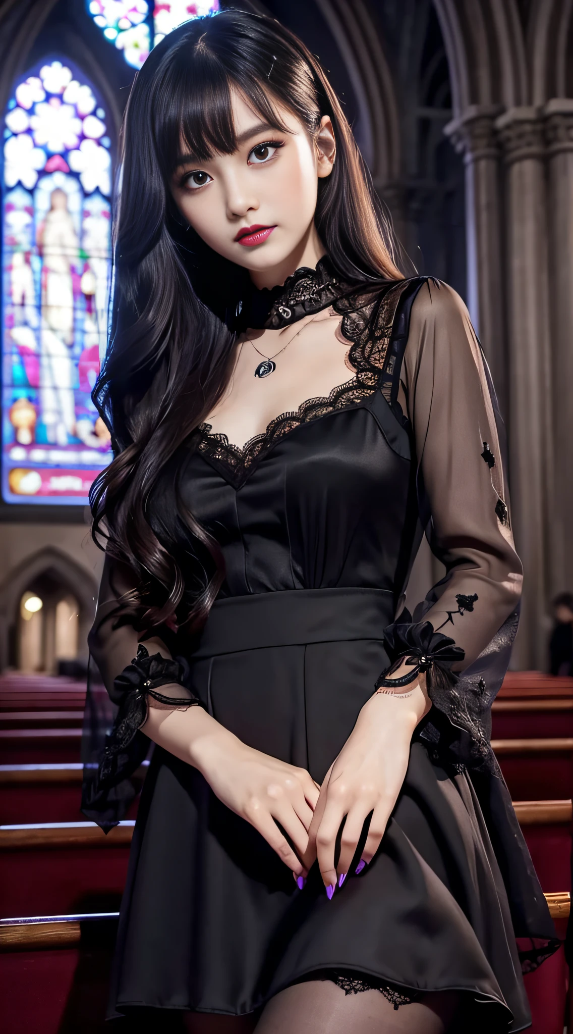 LTRA Details、Fascinating beauty、Dainty woman、Cool Girl、Wavy Hair、Black chiffon dress、Wide sleeves、flered skirt、Black pantyhose、Evil Female Executive、Evil Fall、brainwash、lacy fabric、Glossy legs、black lipstick、Evil look、Suspicious look、Hollow eyes、wicked、Reaching out、Arms up、In the Church、Palm forward、Purple Lipstick、Pendants、playing piano