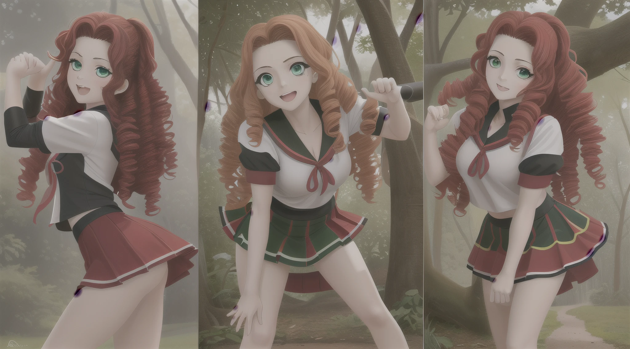 Charakter-Design-Blatt: Unterschiedliche Posen, Turnaround Draw a picture of a 24-year-old woman, 165 cm tall, schlank, sportlich, rotes Haar, lockiges Haar, green eyes, Stelle sie als eine lebensfrohe, junge Frau dar, whose facial expression reflects happiness and relief, different poses from different directions She has red curly hair and green eyes, and embodies a mixture of chaos, neugierig, lucky and inexperienced characteristics. Emphasize her red curls and green eyes, ihre Neugier, their nature and their inner strength. she wears a skirt