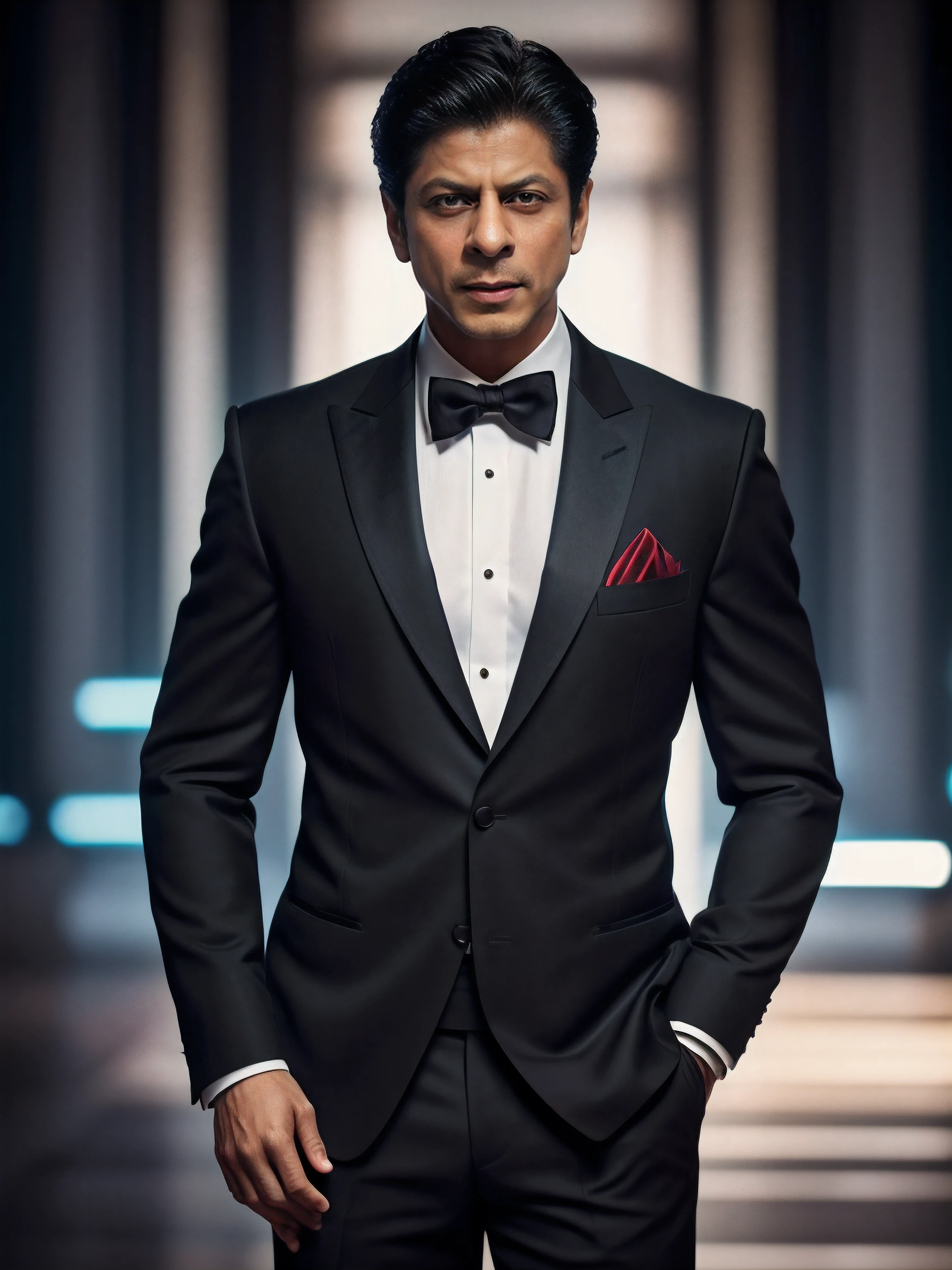 cinematic film still ((BBC Style)) picture of 35 year old Shahrukh khan wearing a three piece black suit with maroon tie, extremely handsome, exactly looks like Shahrukh khan, wide shot,full body length, depth of field, vignette, highly detailed, high budget, cinemascope, moody, epic, gorgeous, high quality photography, 3 point lighting, flash with softbox, Canon EOS R3, hdr, smooth, sharp focus, high resolution, award winning photo, 80mm, f2.8, smiley, bokeh, film grain, bokeh, Realism, depth of field, backlighting, cinemat