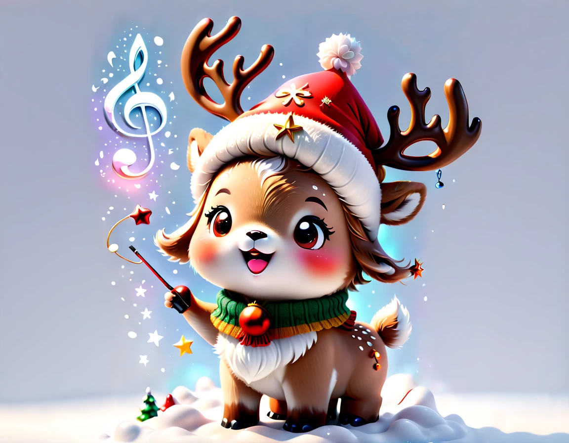 ((1 glowing magical cute reindeer wearing a Christmas hat and scarf))，((Singing with a microphone)), (((Many syllable symbols are floating in the air)))，Christmas elements，Snowy days，8K,Irridescent color, kawaii, cute big breasts, number art, high qulity, The is very detailed, 3Drenderingof，vivd colour，Minimalist style，Disney  style，translucent