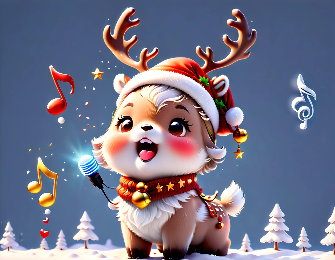 ((1 glowing magical cute reindeer wearing a Christmas hat and scarf))，((Singing with a microphone)), (((Many syllable symbols are floating in the air)))，Christmas elements，Snowy days，8K,Irridescent color, kawaii, cute , number art, high qulity, The is very detailed, 3Drenderingof，vivd colour，Minimalist style，Disney  style，translucent