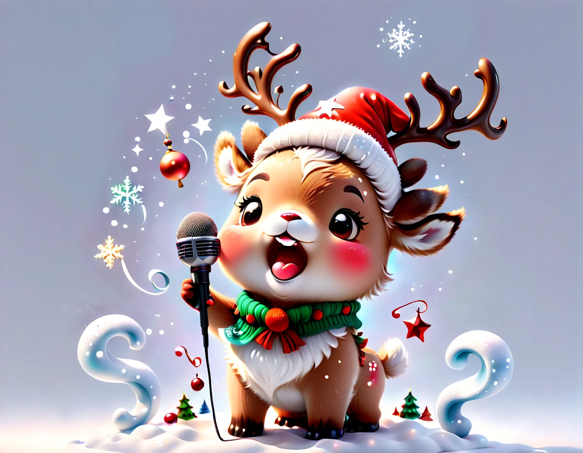 ((1 glowing magical cute reindeer wearing a Christmas hat and scarf))，((Singing with a microphone)), (((Many syllable symbols are floating in the air)))，Christmas elements，Snowy days，8K,Irridescent color, kawaii, cute big breasts, number art, high qulity, The is very detailed, 3Drenderingof，vivd colour，Minimalist style，Disney  style，translucent