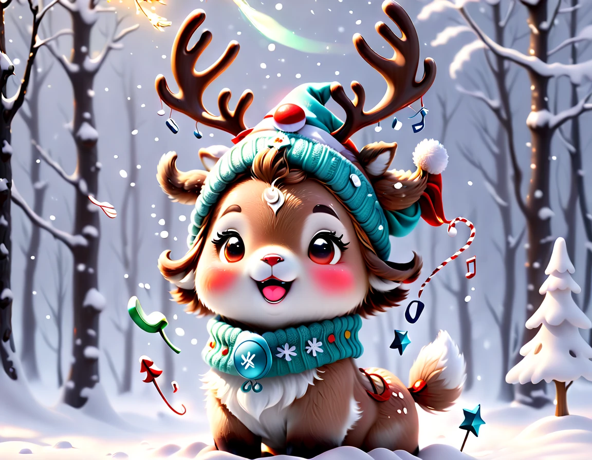 ((1 glowing magical cute reindeer wearing a Christmas hat and scarf))，((Singing with a microphone)), (((Many syllable symbols are floating in the air)))，Christmas elements，Snowy days，8K,Irridescent color, kawaii, cute big breasts, number art, high qulity, The is very detailed, 3Drenderingof，vivd colour，Minimalist style，Disney  style，translucent