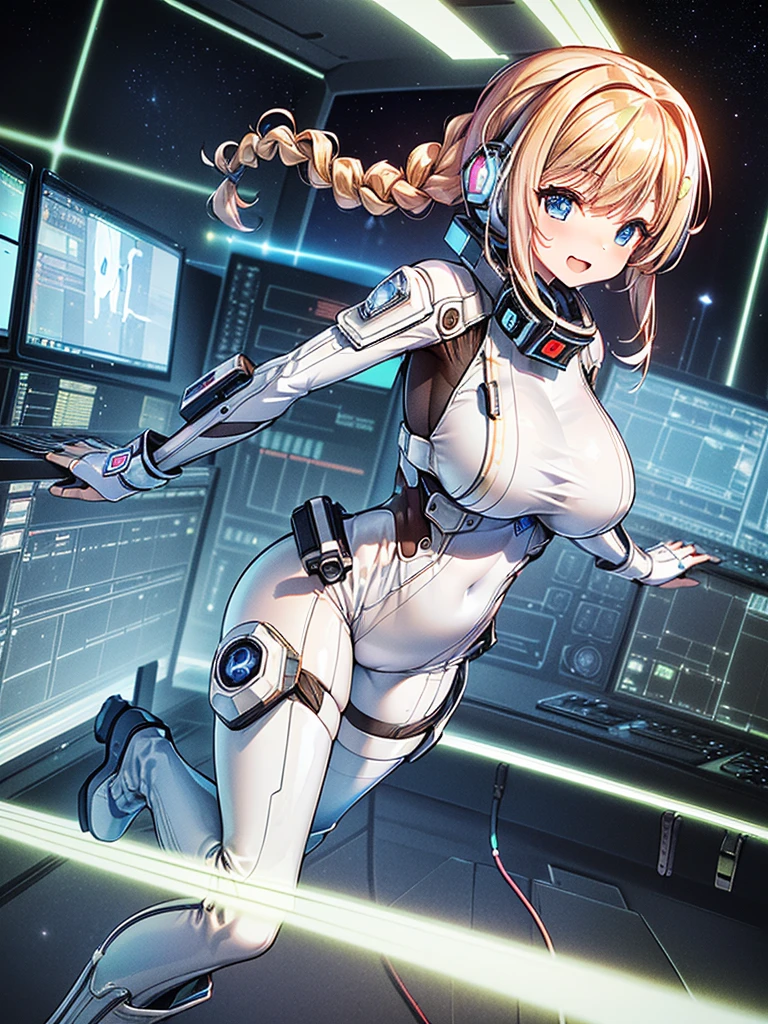 ​masterpiece:1.4, 1girl in ((20yr old, Wearing a tight, futuristic metallic white bodysuit,long boots, huge-breasted, blonde  hair, long,Braided hair,marguerite&#39;Hairstyles, Perfect model body, Blue eyes:1.4, Wearing headphones, Flirting, Happy,  Looking out the window of the futuristic sci-fi space station、While admiring the beautiful galaxy:1.2, SFSF control room on night background:1.1, Neon and energetic atmosphere:1.2)) ((Galaxy)) ((Solo:1.6))