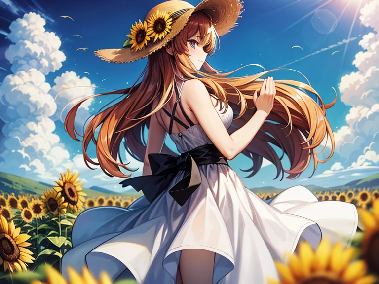 masterpiece:1.4,ighly detailed、 1girl in、posterior view、Slavic、The long-haired、a straw fedora hat、White Dress、Praying Pose,Hair fluttering in the wind、(Sunflower field):1.4,blue-sky,Summer sky,Sunflower field in summer,You can see the destroyed Russian tank、Strong sunshine in summer、Prayer for Peace