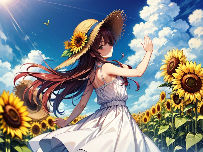 masterpiece:1.4,ighly detailed、 1girl in、posterior view、Slavic、The long-haired、a straw fedora hat、White Dress、Praying Pose,Hair fluttering in the wind、(Sunflower field):1.4,blue-sky,Summer sky,Sunflower field in summer,You can see the destroyed Russian tank、Strong sunshine in summer、Prayer for Peace