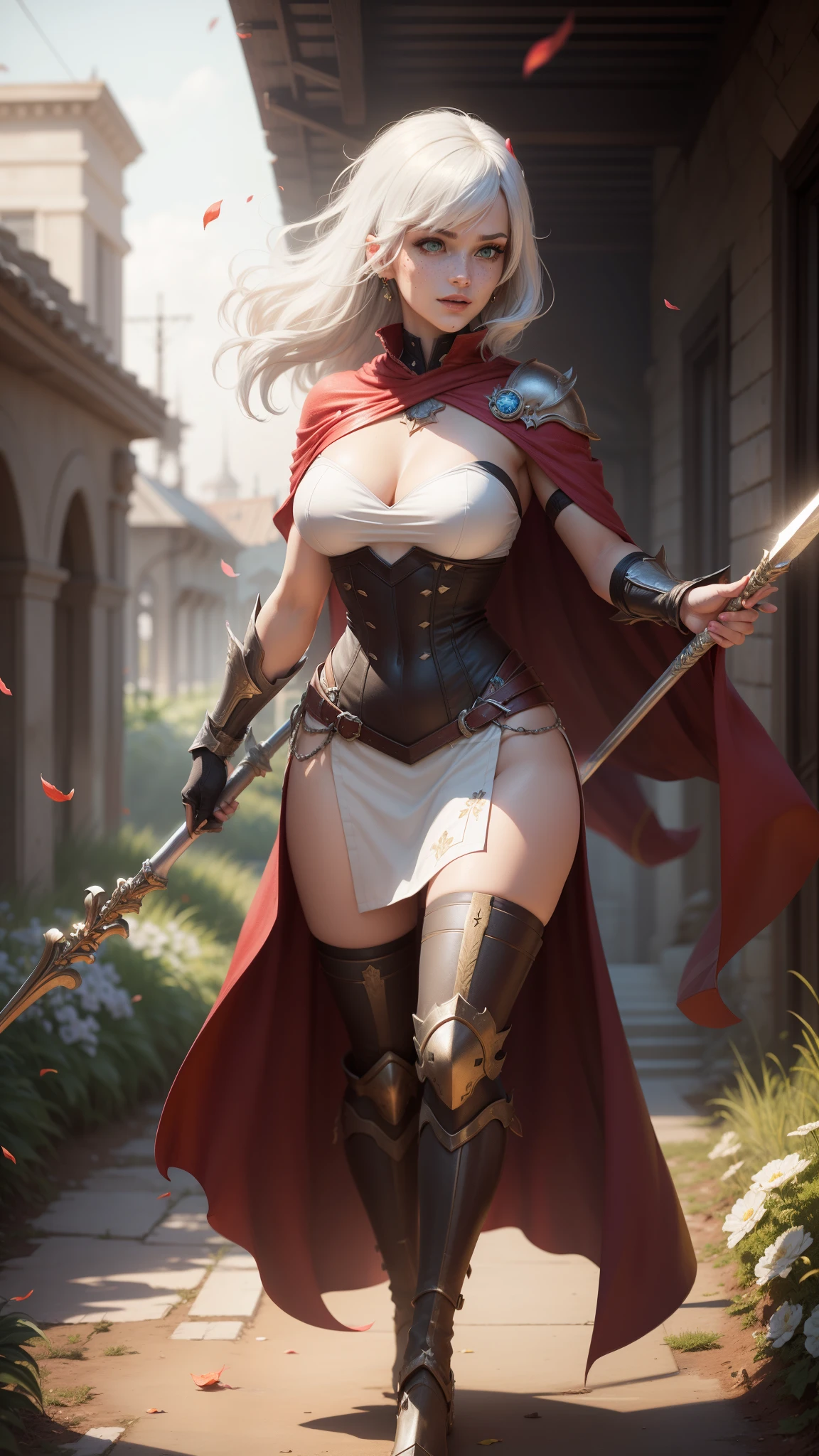 gwen tennyson,yorha 2b,tracer,y'shtola rhul,solo girl,overwatch,atelier ryza,close up,meadow view,tattoos,royal red and white plugsuit,white short sleeve greek top,full plate bronze spartan armor top,long tight greek skirt,bronze spartan corset,long curly hair,princess makeup,green eyes,multicolored silver hair,long dress train,sexy smile, freckles,beautiful girl,spartan thigh high boots,large breasts,8k,ultra detailed,realistic,fantasy art,spartan warrior uniform,greek gown dress,ear piercings,spartan hand and neck jewelry,(weather:windy),long scarlet spartan cape,spartan city,silver hair pin,flower petals flying,spartan army,spartan shield and spear,