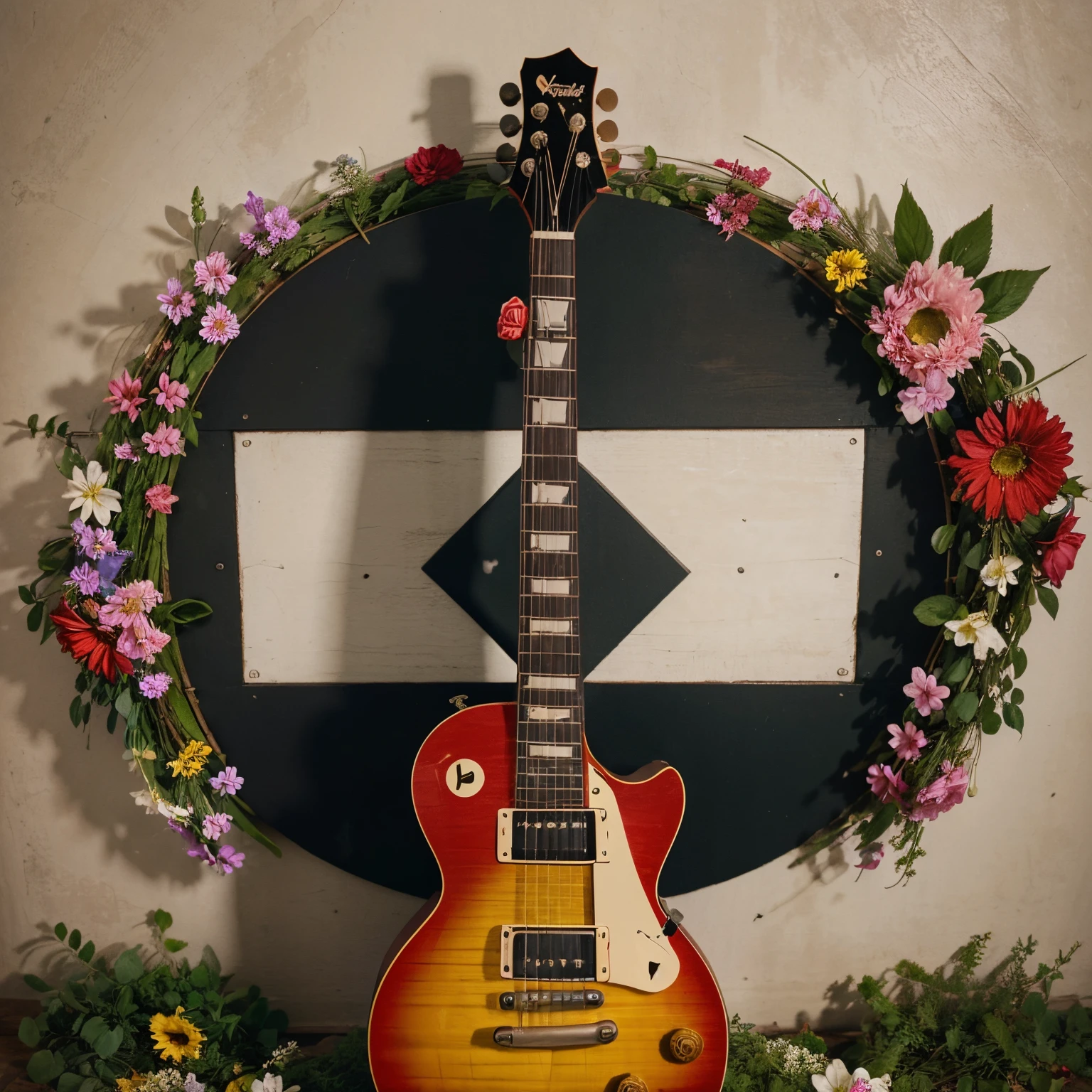 peace symbol as backgound, with flowers at the border, hippie style, and a red les paul guitar at first plan, high quality, a2 format