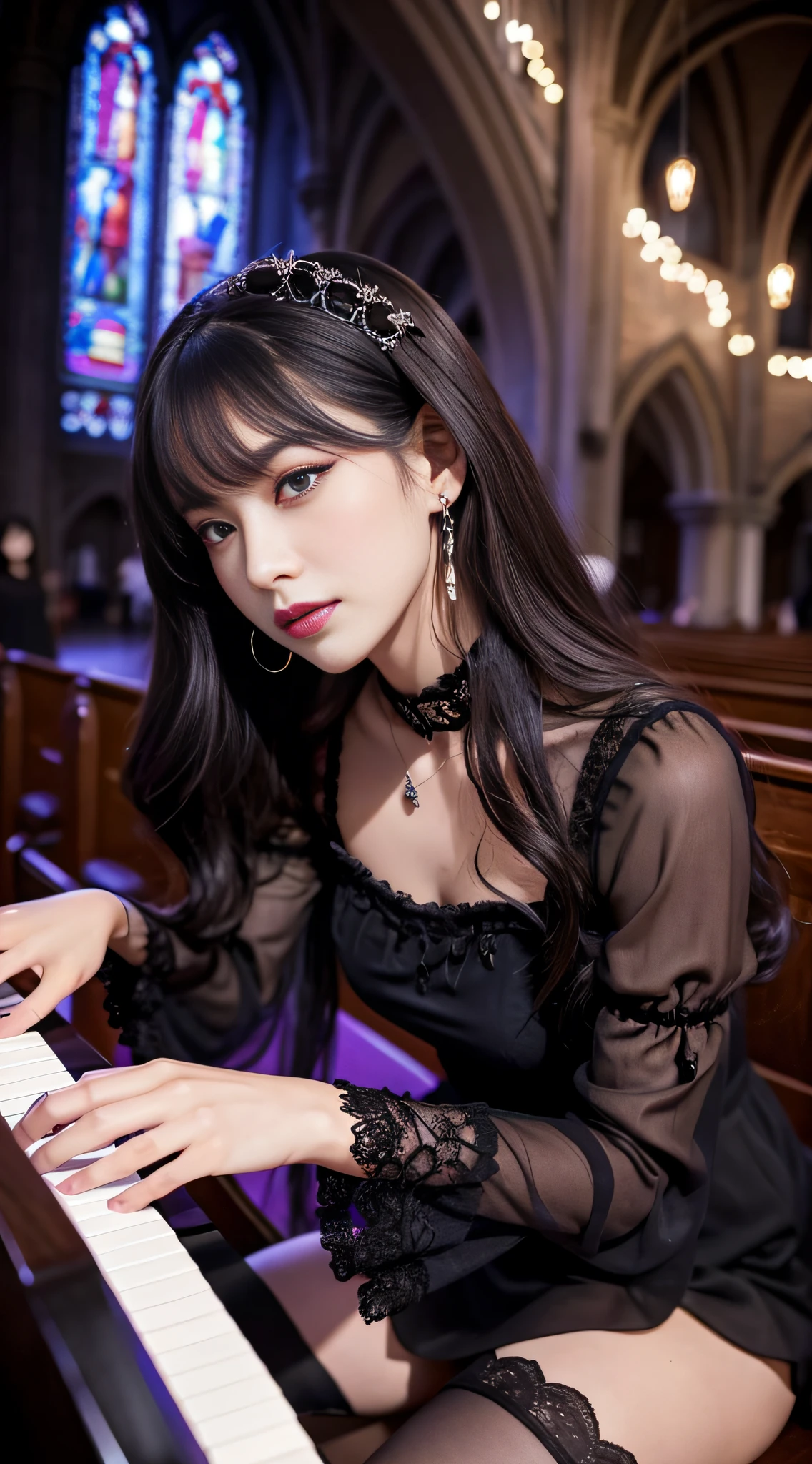 LTRA Details、Fascinating beauty、Dainty woman、Cool Girl、Wavy Hair、Black chiffon dress、Wide sleeves、flered skirt、Black pantyhose、Evil Female Executive、Evil Fall、brainwash、lacy fabric、Glossy legs、black lipstick、Evil look、Suspicious look、Hollow eyes、wicked、Reaching out、Arms up、In the Church、Palm forward、Purple Lipstick、Pendants、playing piano