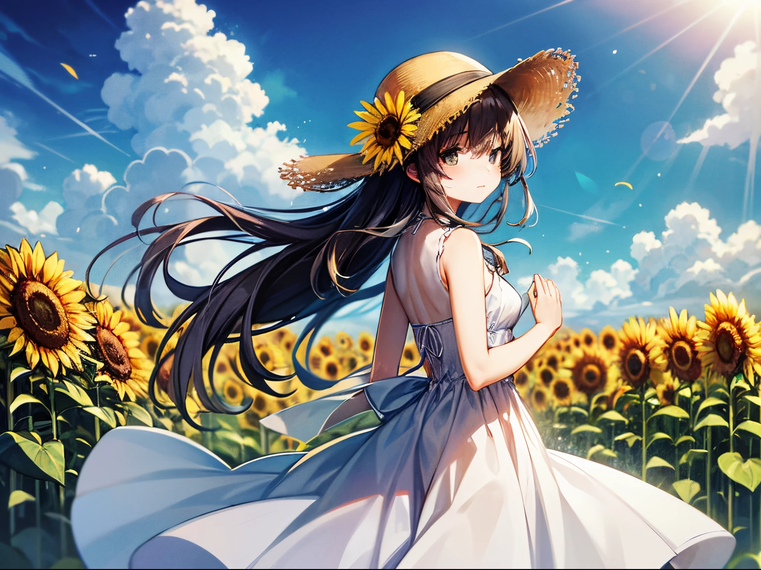 masterpiece:1.4,ighly detailed、 1girl in、Rear view、Slavic、The long-haired、a straw fedora hat、White dress、praying pose,Hair fluttering in the wind、(Sunflower field):1.4,blue-sky,Summer sky,Sunflower field in summer,You can see the destroyed Russian tank、intense summer sun lighting、Prayer for Peace