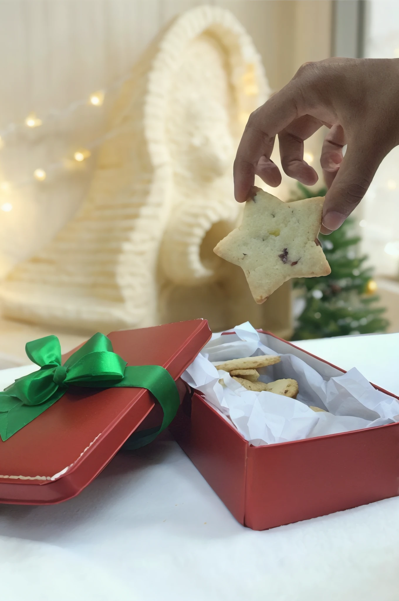 someone is putting a cookie in a red box with a green bow, delicioso, feriado, giving gifts to people, segurando presente, Natal, festivo, holiday season, Directed by: Emma Andijewska, crisp edges, celebration, garotada, estrela, estrelas, Apresenta, effortless, competition winning, Colo, um bonito, atmosfera calorosa e alegre, receita, a foto mostra um grande