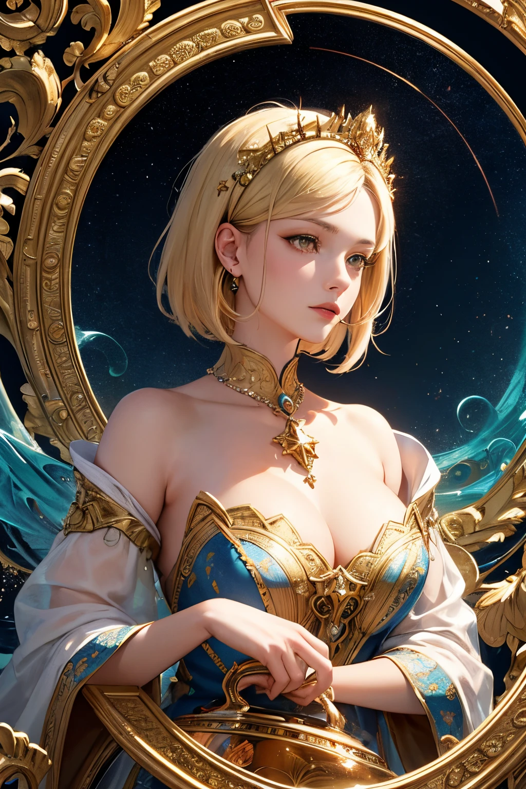 Realistic, (Masterpiece, Top Quality, Best Quality, Official Art, Beautiful and Aesthetic: 1.2), Very Detailed, Fractal Art, Colorful, Most Detailed, Leo, (Abstract Background: 1.5), (1girl: 1.3), (Cat class), yellow hair, bright eyes, earnest, combed back, short hair, milky way, huge magical gold Leo astrolabe, dream, fantasy, gold trim,beautiful detailed sky, Style and Decoration for Leo, leo goddess, (nsfw:0.8), delicate refective and high glass guardrail board