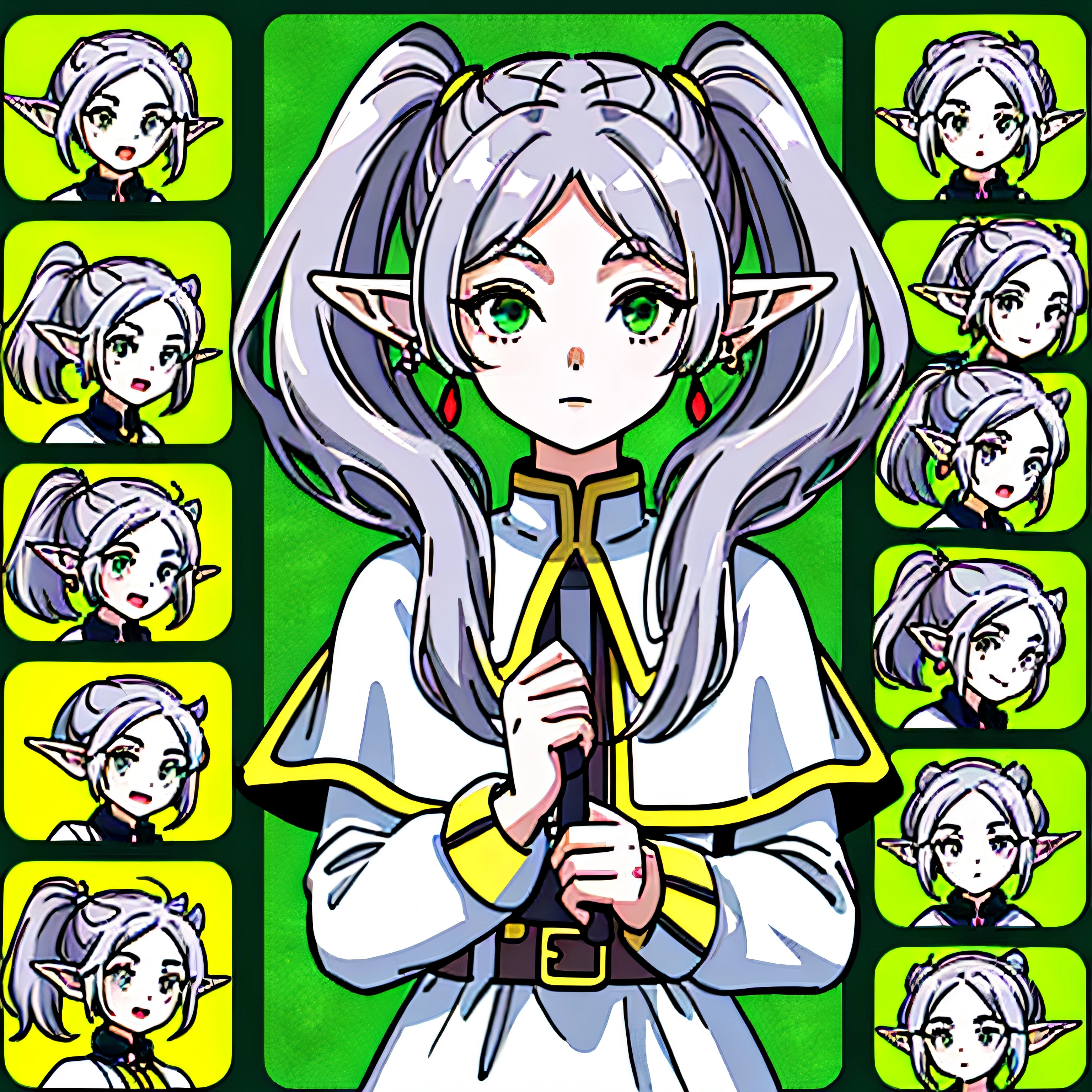 1girl, ((frieren)), ((showing neck and above)), long hair, twintails, (green eyes:1.3), grey hair, pointy ears, elf, horizontal striped shirt, long sleeves, jewelry, earrings, white capelet, ((9 grid)), ((9 emoji packs)), 9 poses and expressions, different emotions, masterpiece, best quality, highly detailed, 8K