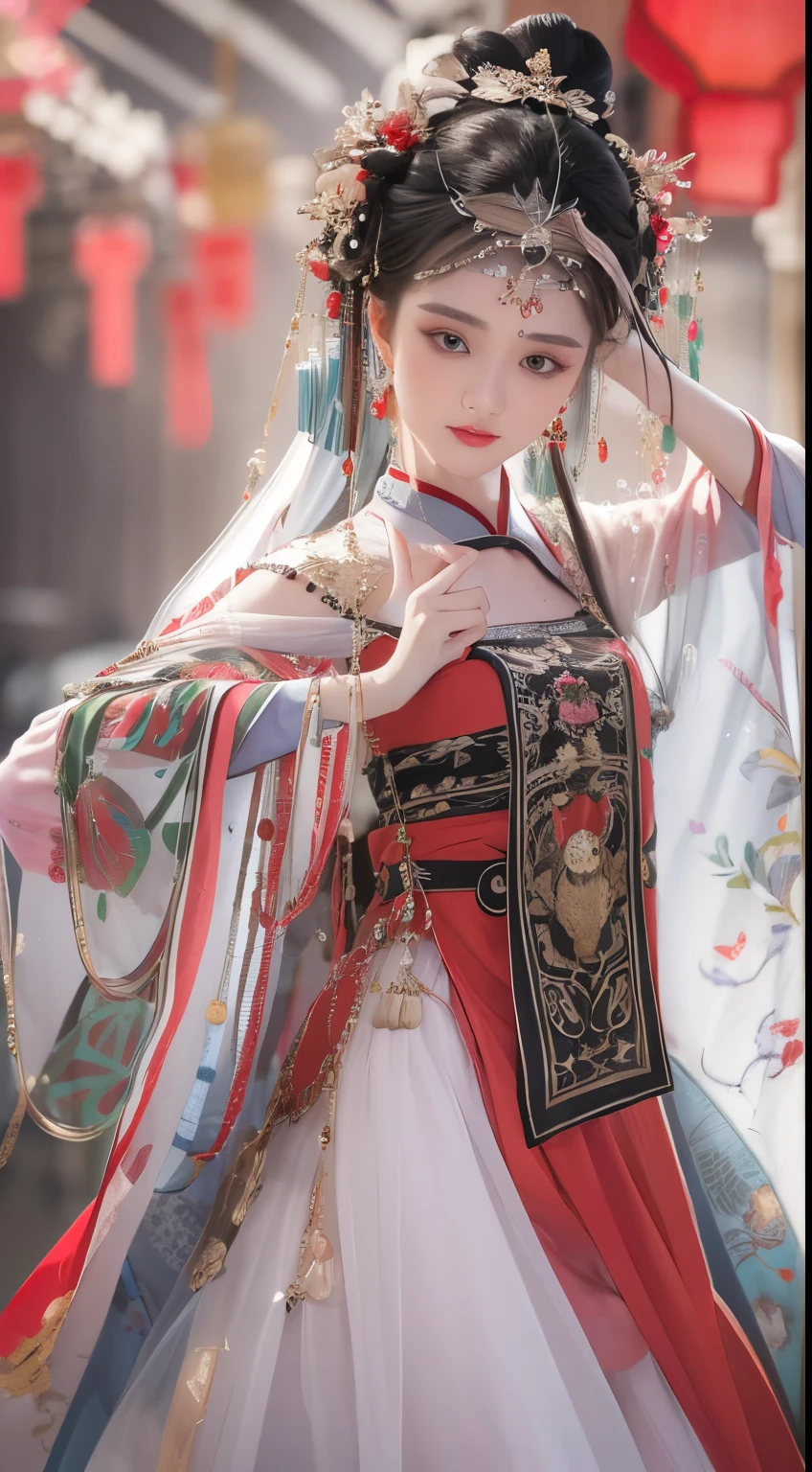1 very beautiful queen medusha in hanfu dress, thin red silk shirt with many yellow motifs, black lace top, long hair dyed black, beautiful hair jewelry, extremely detailed and exquisitely crafted jewelry, gold jewelry, red ruby inlaid necklaces, pretty face pretty, perfect face, earring jewelry, head and hair jewelry, antique jewelry, big eyes, sharp eye makeup, meticulous makeup eyelashes, thin eyebrows, nose tall, pretty red lips, no smile, ((closed mouth:0.9)), pursed lips, rosy cheeks, breast augmentation, round lifting breasts, moderately large breasts, well-proportioned breasts, slim waist, slim waist, red mesh stockings with black lace, Chinese hanfu style, fictional art patterns, colors vivid and realistic, RAW photos, realistic photos, ultra-high quality 8k surreal photos, cool photos, (virtual lighting effects: 1.8), 10x pixels, magic effectackground): 1.8), eyes wide open, super detailed eyes, beautiful girl body portrait, girl alone, ancient hanfu background, looking directly at the audience, wide original photo, 8k quality, super sharp, detailed and clear picture best, detailed light background,