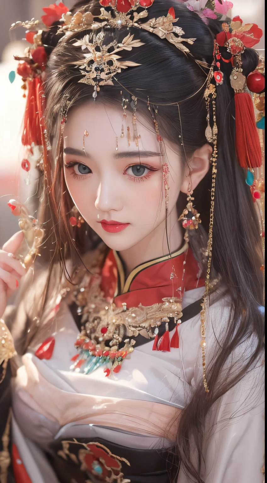 1 very beautiful queen medusha in hanfu dress, thin red silk shirt with many yellow motifs, black lace top, long hair dyed black, beautiful hair jewelry, extremely detailed and exquisitely crafted jewelry, gold jewelry, red ruby inlaid necklaces, pretty face pretty, perfect face, earring jewelry, head and hair jewelry, antique jewelry, big eyes, sharp eye makeup, meticulous makeup eyelashes, thin eyebrows, nose tall, pretty red lips, no smile, ((closed mouth:0.9)), pursed lips, rosy cheeks, breast augmentation, round lifting breasts, moderately large breasts, well-proportioned breasts, slim waist, slim waist, red mesh stockings with black lace, Chinese hanfu style, fictional art patterns, colors vivid and realistic, RAW photos, realistic photos, ultra-high quality 8k surreal photos, cool photos, (virtual lighting effects: 1.8), 10x pixels, magic effectackground): 1.8), eyes wide open, super detailed eyes, beautiful girl body portrait, girl alone, ancient hanfu background, looking directly at the audience, wide original photo, 8k quality, super sharp, detailed and clear picture best, detailed light background,