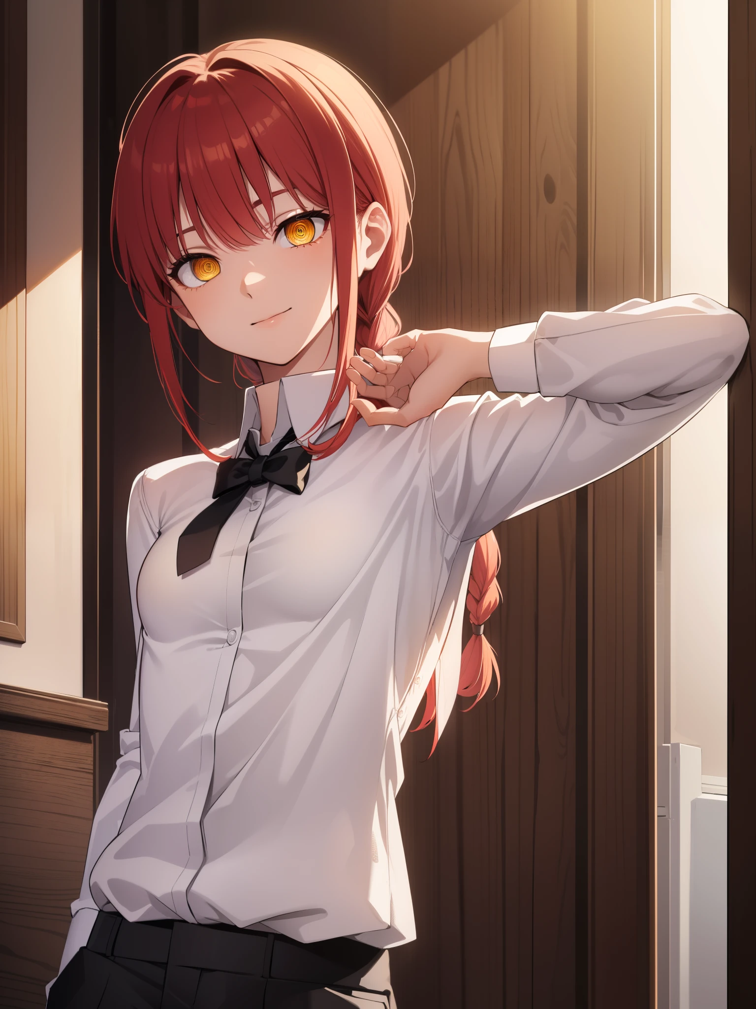 Makima, Makima, long hair, smile, bangs, (small breasts:1.2), (yellow eyes:1.2), braid, red hair, braided ponytail, ringed eyes, Shirt break, long sleeves, white shirt, tie, shirt turtleneck, trousers, black trousers, formal, suit, black tie, tucked-in shirt, office lady, BREAK-IN inside the house, office, break looking at the spectator, break (master piece: 1.2), best quality, very high resolution, Unity 8k wallpaper, (illustration:0.8), (beautiful eyes detailed:1.6), Extremely detailed face, perfect lighting, extremely detailed CG, (perfect hands, perfect anatomy),