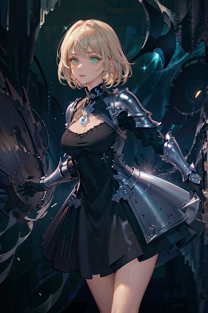 (masterpiece, best quality, extremely detailed CG, beautiful detailed eyes, ultra-detailed, intricate details:1.2), 8k wallpaper, elaborate features, (1girl, solo:1.4), short blond hair, swept bangs, struggle, dynamic pose, looking at viewer, (((green eyes))), dark cave, magic surround, ((magic circles)), night, dark, (((((armor dress))))), upper body, ((((dark cave background)))), large breasts, (((((detailed face))))) (((((detailed eyes))))), stalactites, earth theme, magic particles, silver