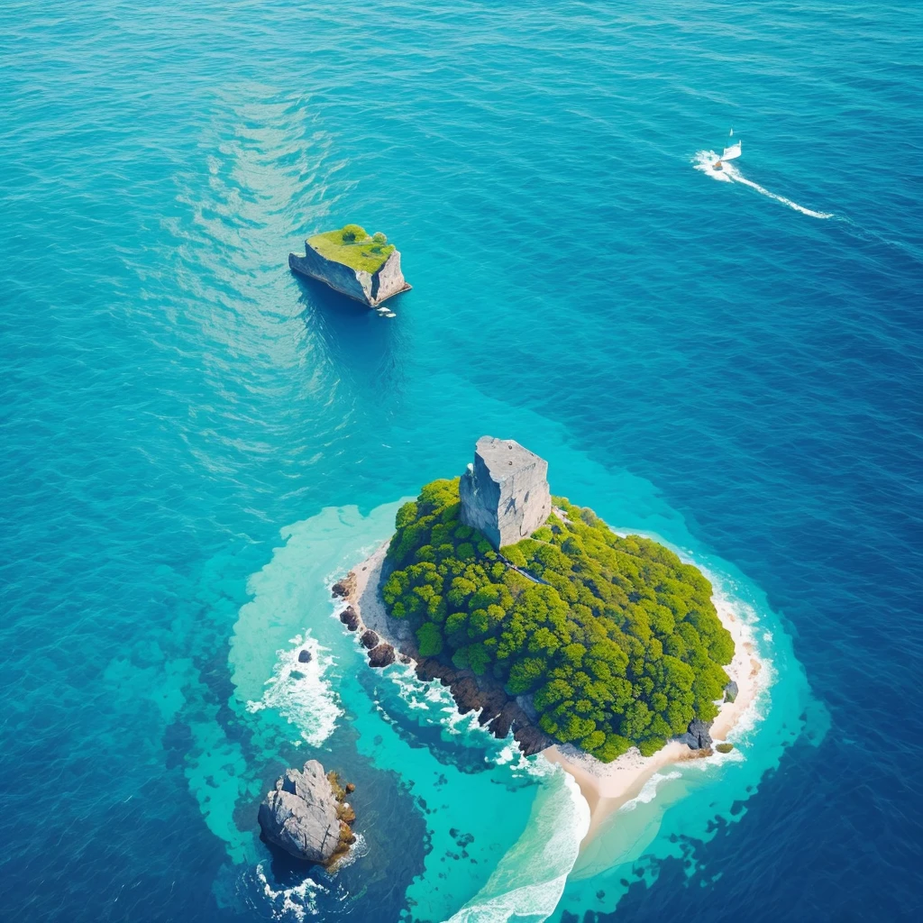 A lonely stone island with a turquoise sea, the lonely stone island is in the sea, in the middle of the image, island is subject in the centre, island as subject, lonely stone island in a blue sea, rock, Rocky Island, a lonely island in the sea, 2d illustration