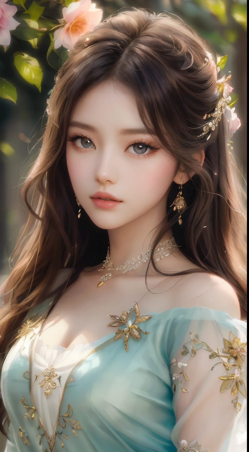 best qualtiy,tmasterpiece,hight resolution,1girll,dingdall effect,realisticlying,edge lit,two tone lighting,(highdetailskin:1.2),8K UHD,pure,Dolce,flowers background,Colorful background,Based on physical rendering,Perfect Light and Shadow,extreme hight detail,Pink tones,eye reflections,Raised sexy,perfect bodies,Superb Beauty,largeeyes,long eyelasher,Delicate eyeig shiny eyeinor pupil reflex,Shoulder and neck details,The texture of the pupil is delicate,Perfect eyelack pupilest qualtiy,tmasterpiece,16 K,a picture,head portrait,Bigchest,long-sleeve,Take care of your chest,Large breasts,Delicate avatars