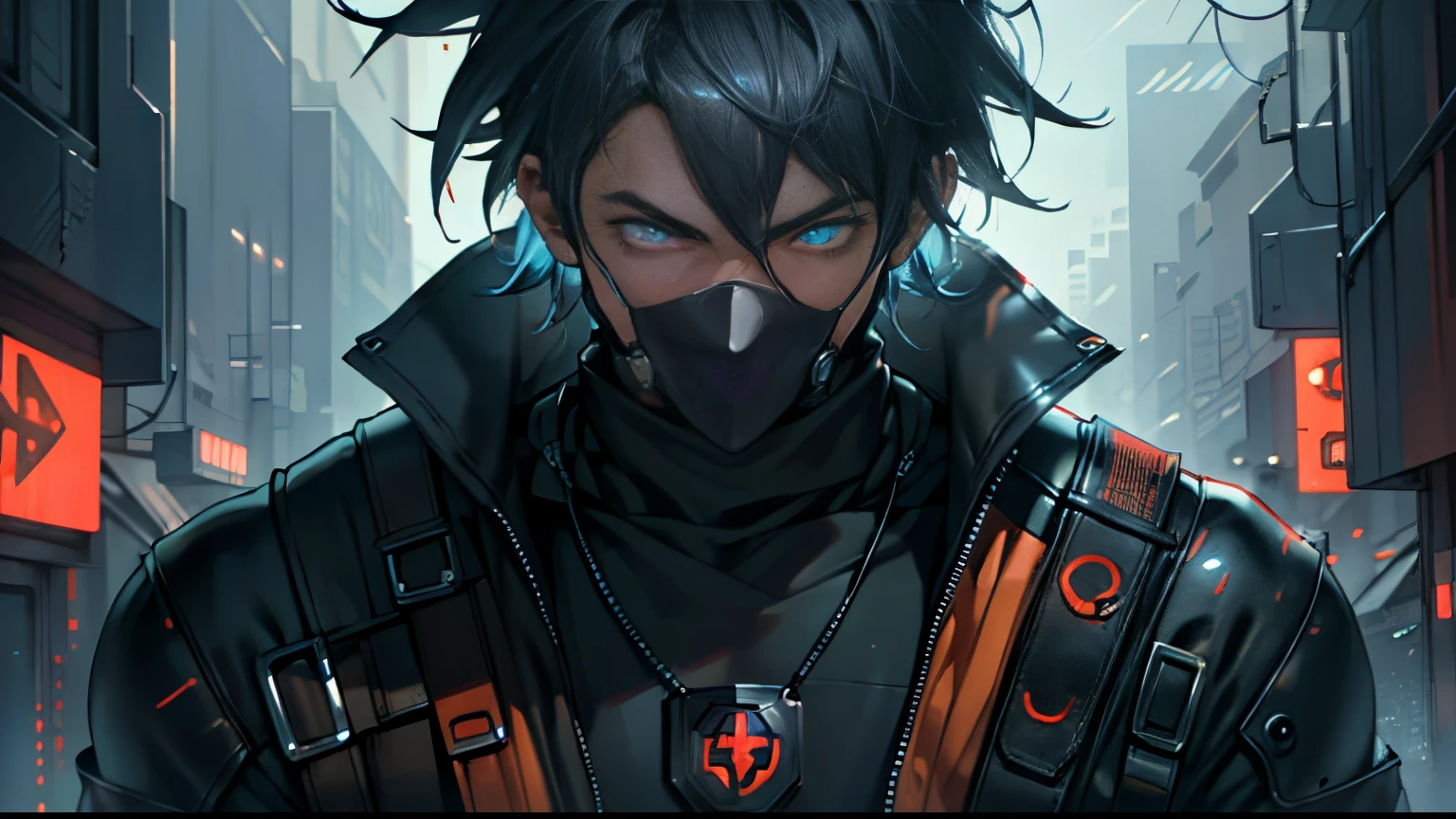 ultra detail, high resolution, ultra detailed, best quality, amazing, top quality, extremely detailed CG unity 8k wallpaper, cinematic lighting, cyberpunk, dark boy, goku gang facemask, glowing blue eyes