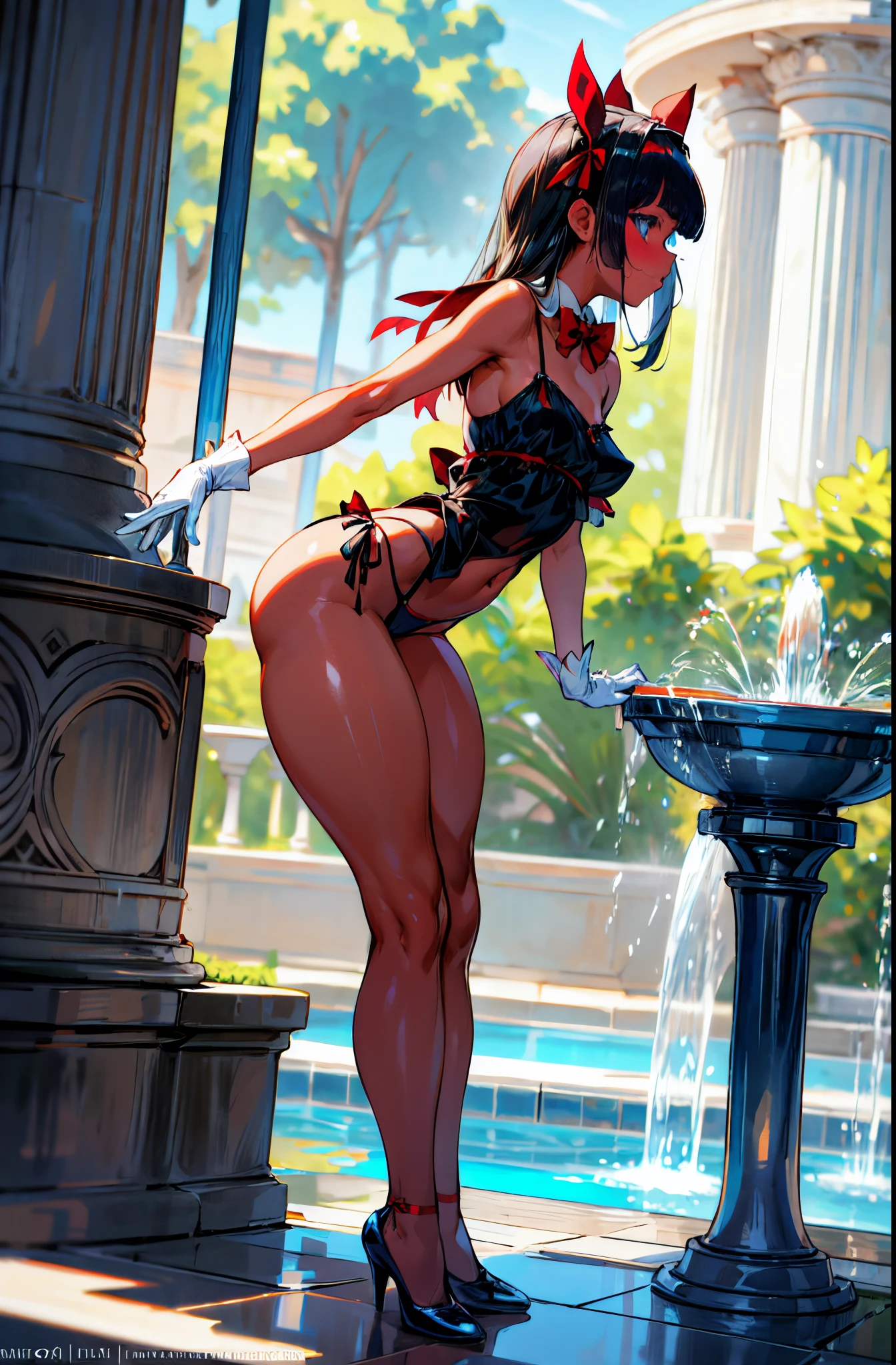 Side view, loli, straight hair, (blunt bangs:1), roman garden, artificial fountain, full body, erect nipple, red bow tie, (curvy hips:1.2), camisole, blue eyes, (dark skin:1), shiny skin, bare hips, standing, white gloves, panties